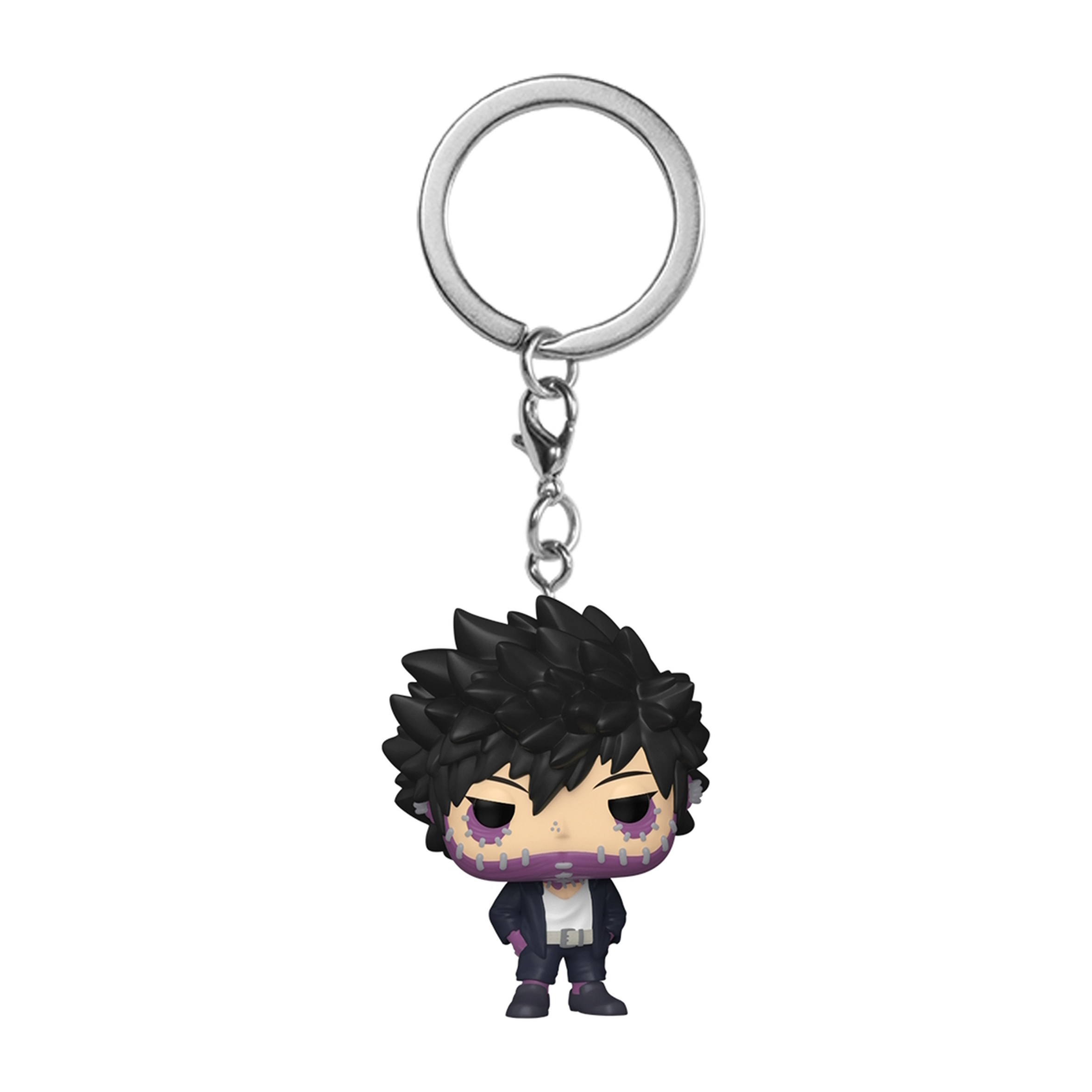 Schlüsselanhänger mit einem Dabi Funko Pop. Schwarzes Haar, lila Narben und schwarze Jacke.
