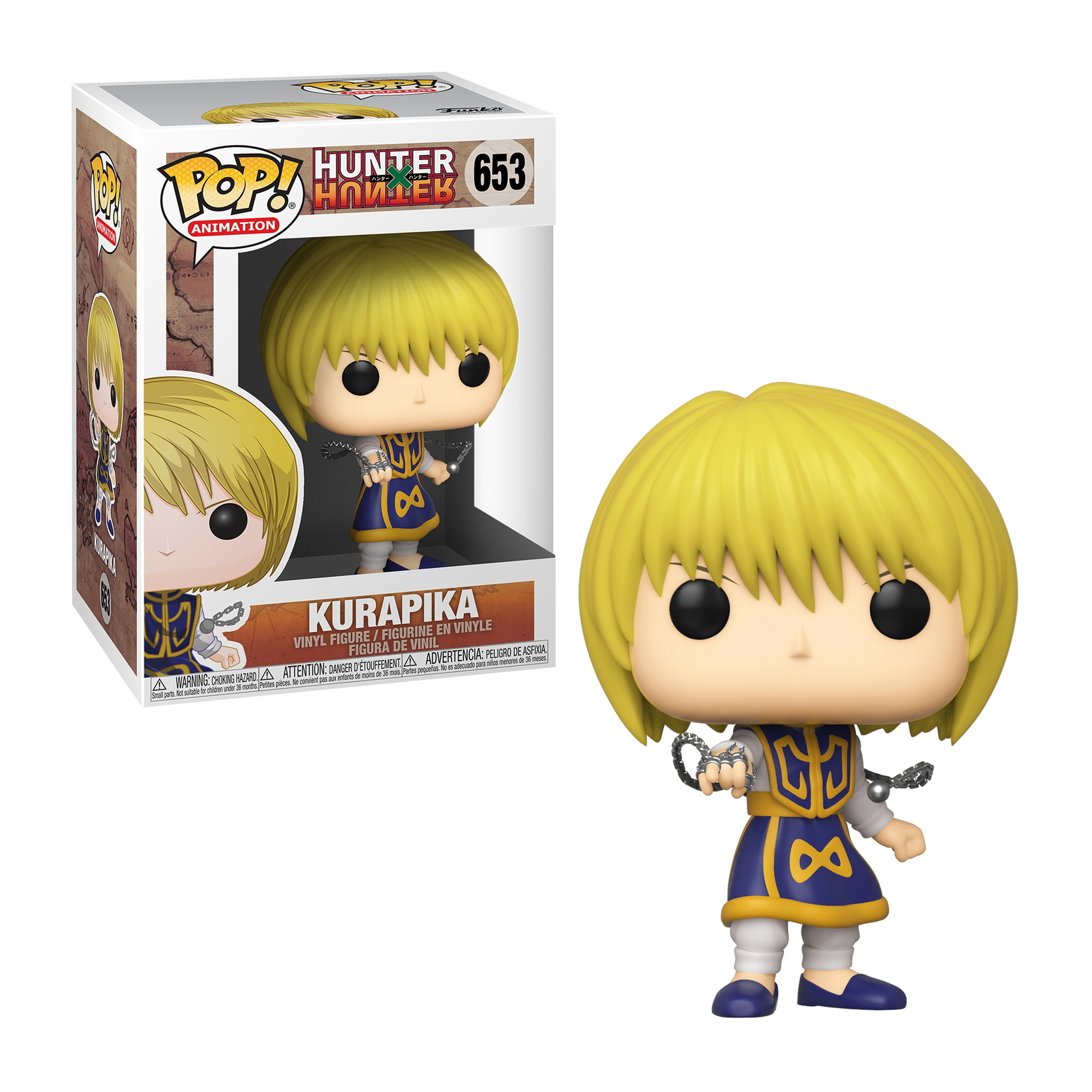Figurka Kurapika Funko Pop z żółtymi włosami i łańcuchami, w niebiesko-białym stroju.