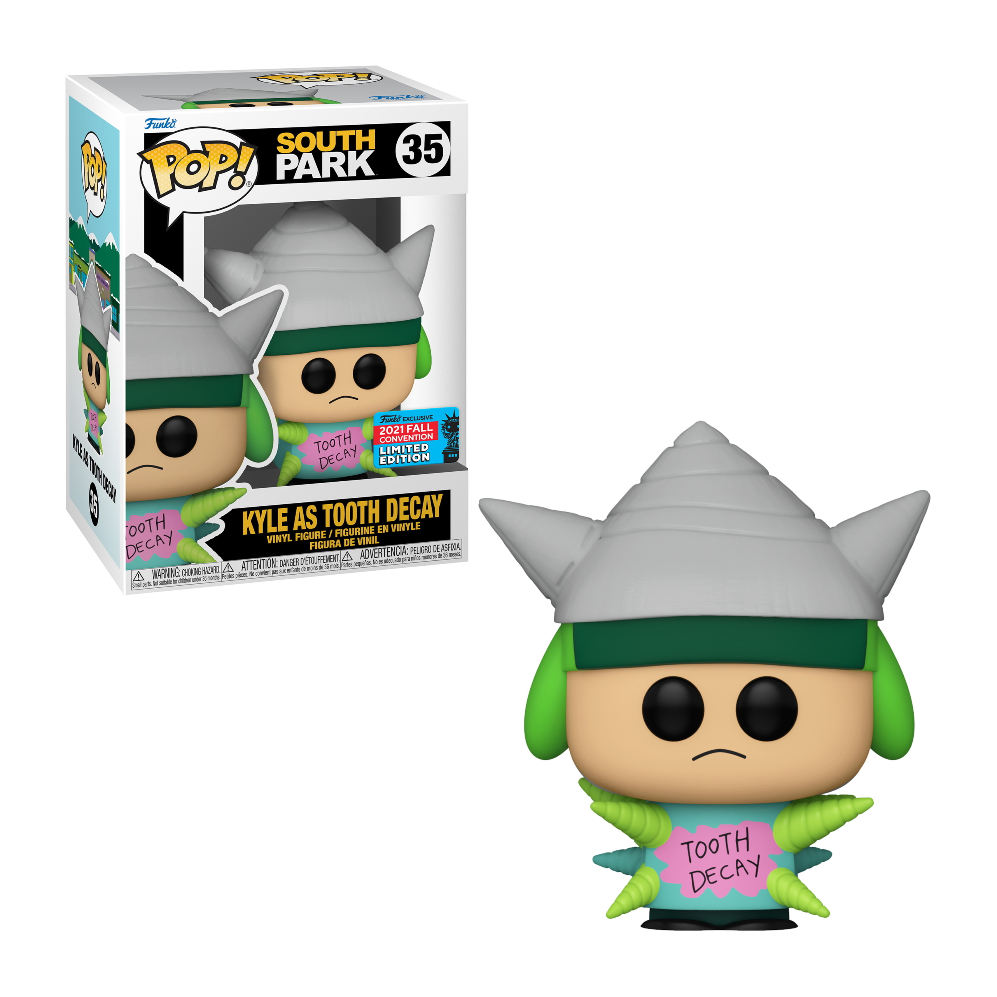 Funko Pop-Figur von Kyle als Tooth Decay aus South Park, mit einem zahnförmigen Kopfschmuck.