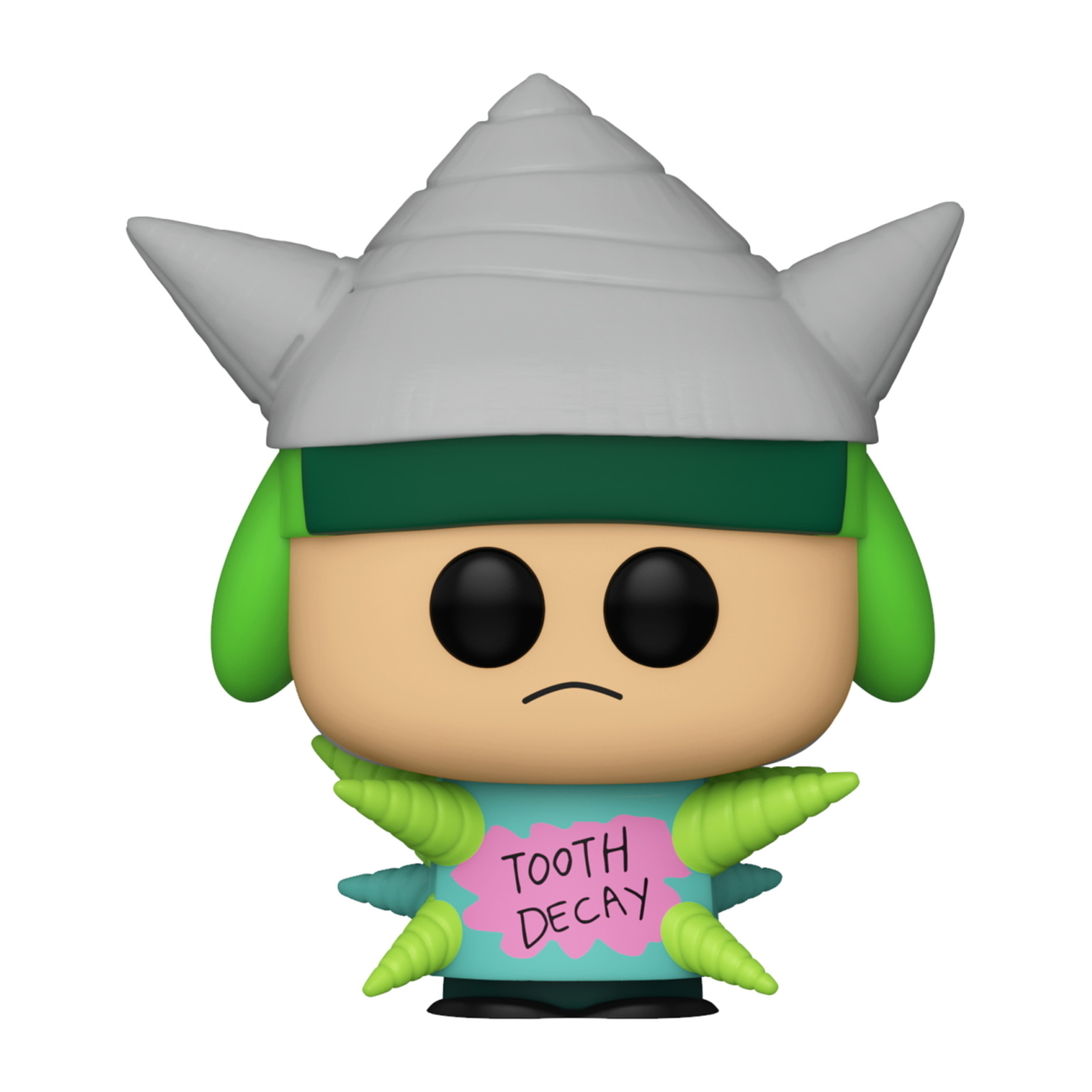 Funko Pop einer Zeichentrickfigur mit grauem Helm, grünen Haaren und einem Schild mit der Aufschrift TOOTH DECAY.