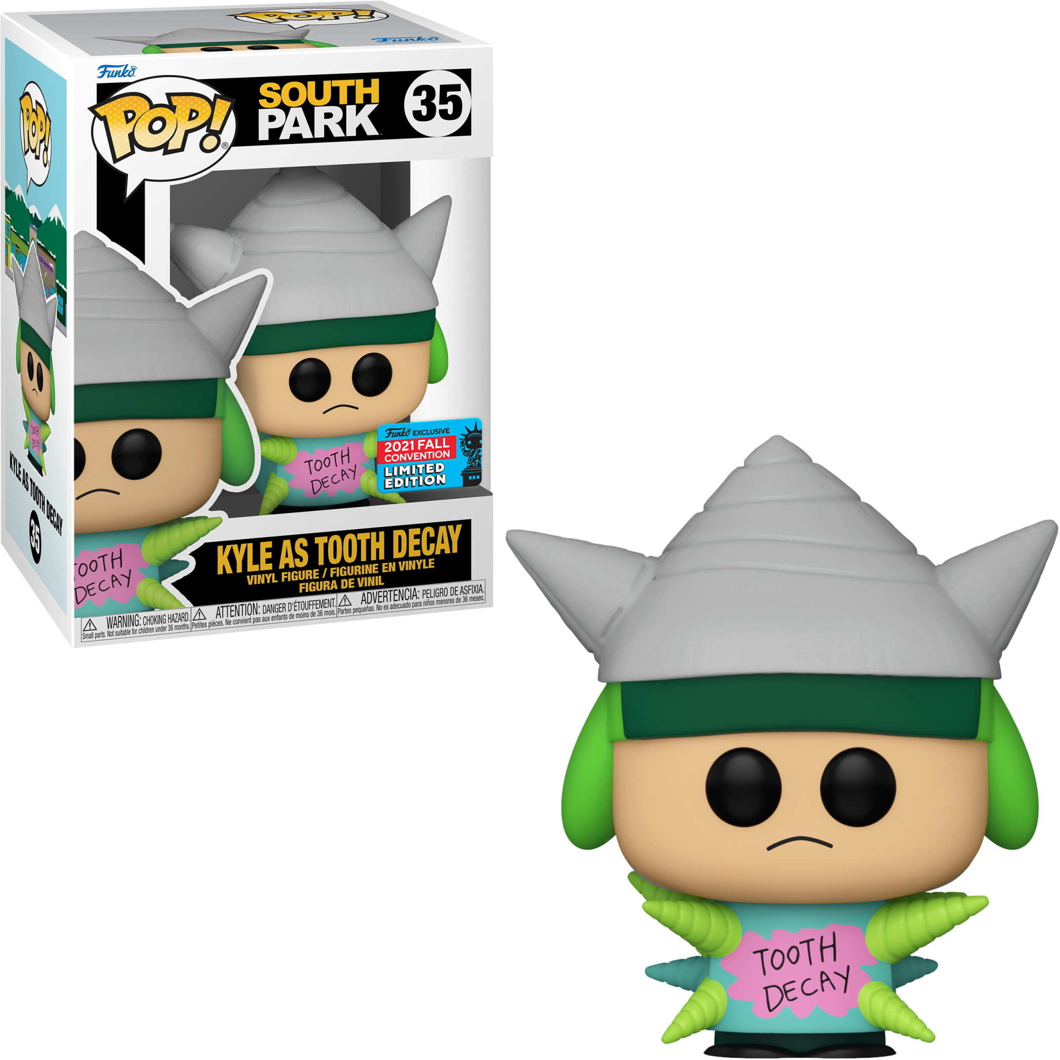 Eine Kyle as Tooth Decay Figur. Grün, trägt einen grauen Helm, hält ein Schild mit der Aufschrift 'Tooth Decay'.