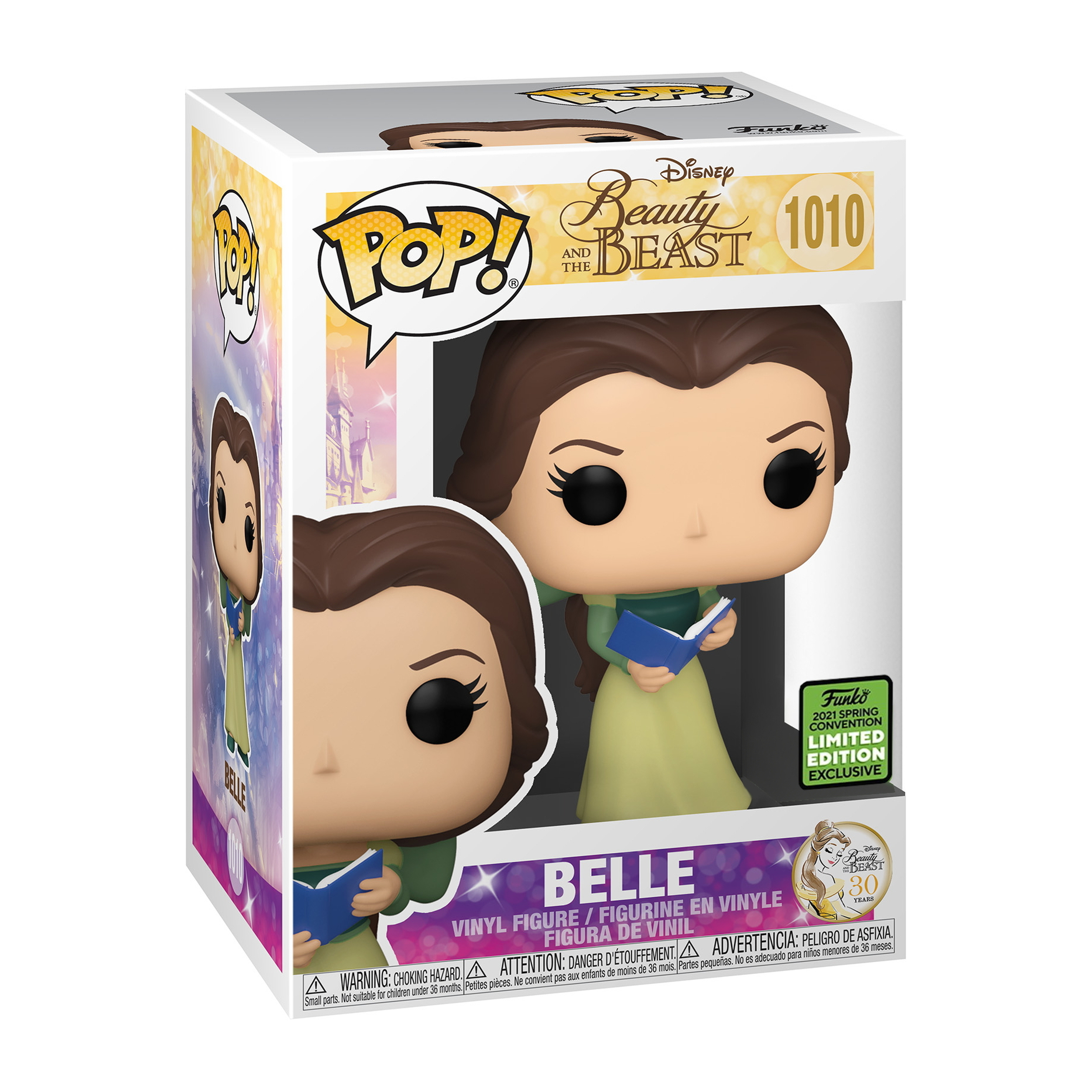 Eine Belle Pop Vinylfigur in einer Box. Die Figur trägt ein gelbes Kleid und ein grünes Oberteil und hält ein Buch.