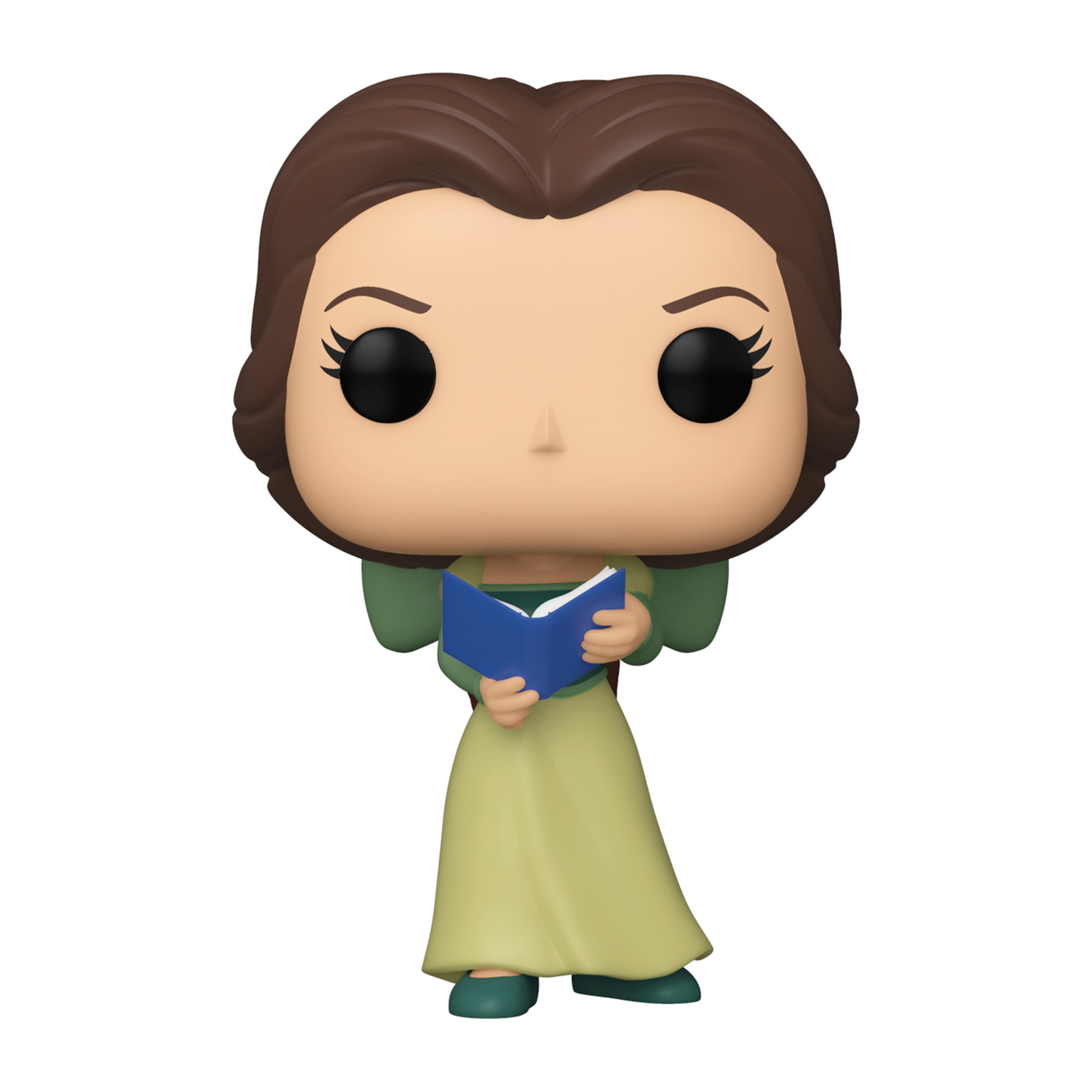 Belle Funko Pop Figur, die ein blaues Buch hält und ein grünes Kleid trägt.