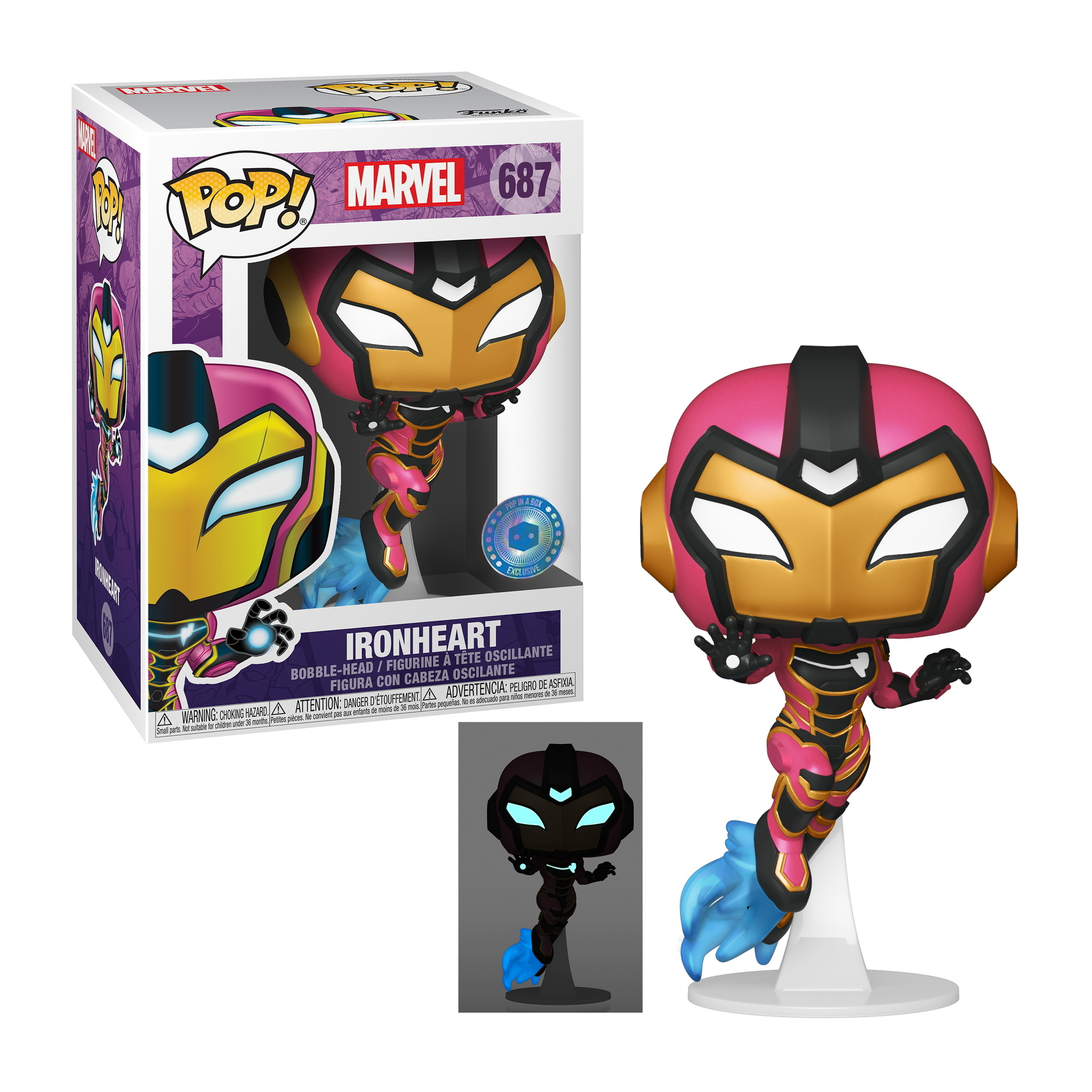 Ironheart Funko Pop!-Figur in rosa-goldener Rüstung, mit Jet-Effekt. Es ist ein Marvel Pop!-Spielzeug.