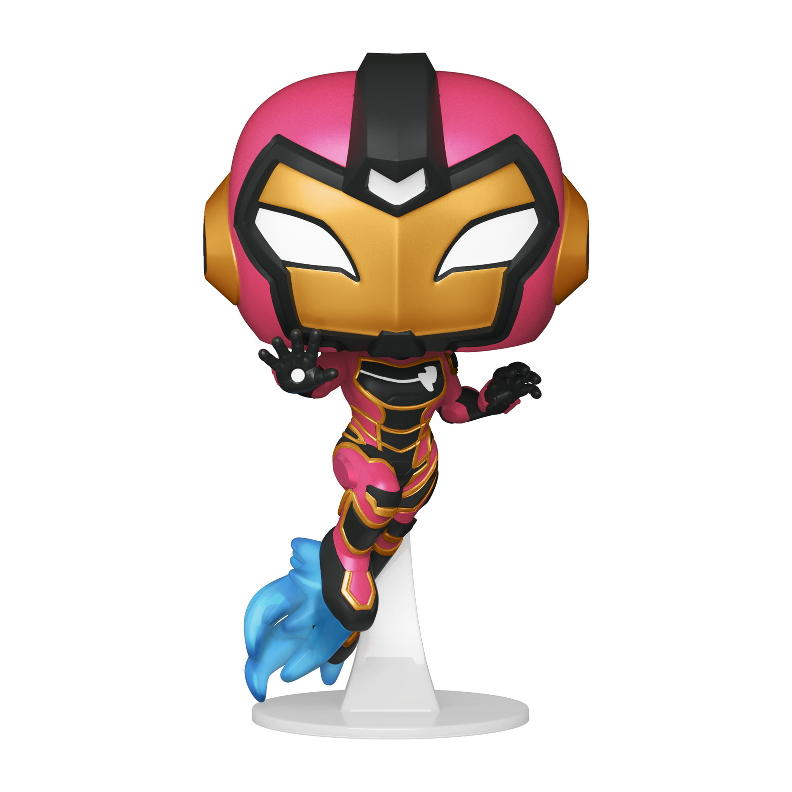 Ironheart-Figur in rosa und goldener Rüstung, fliegt mit Jet-Effekten. Ein weißer Ständer hält die Figur.