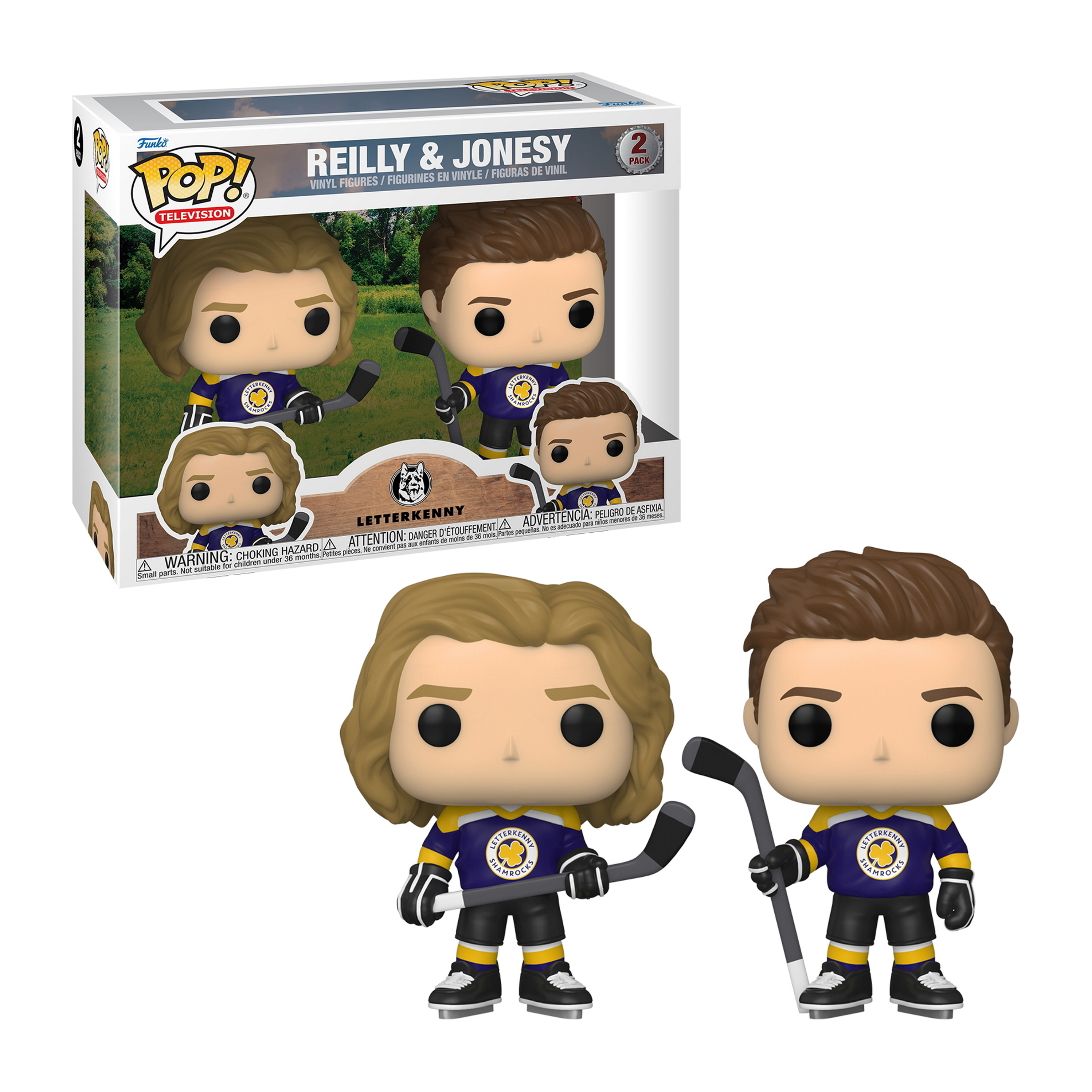 Funko Pop Figuren von zwei Letterkenny-Hockeyspielern. Einer mit einem Hockeyschläger.