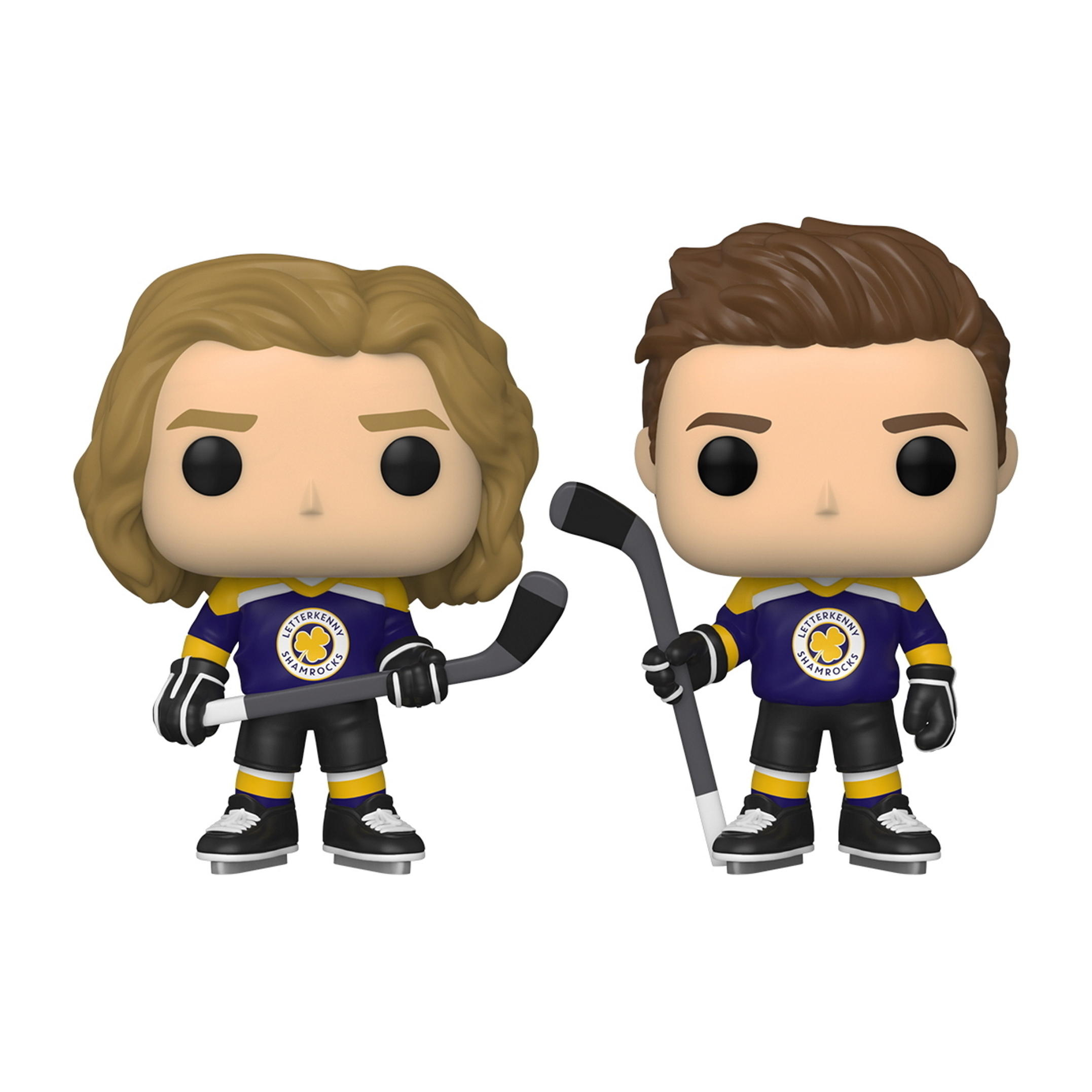 Funko Pop Figuren von Hockeyspielern. Zwei Figuren in Hockey-Uniformen mit Hockeyschlägern.