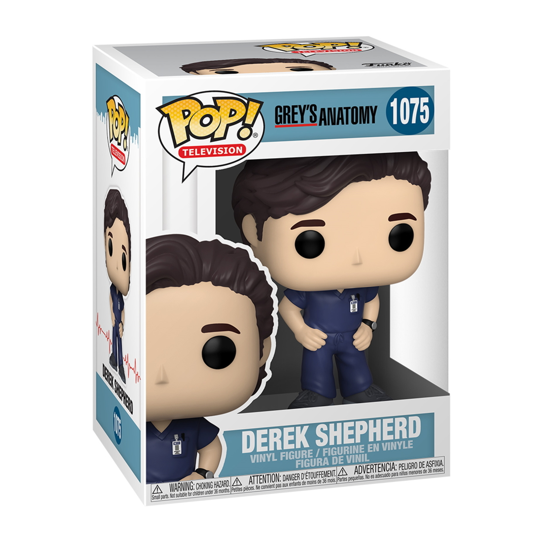Derek Shepherd Funko Pop Figur in einer Box. Die Figur trägt OP-Kleidung, mit Stethoskop.