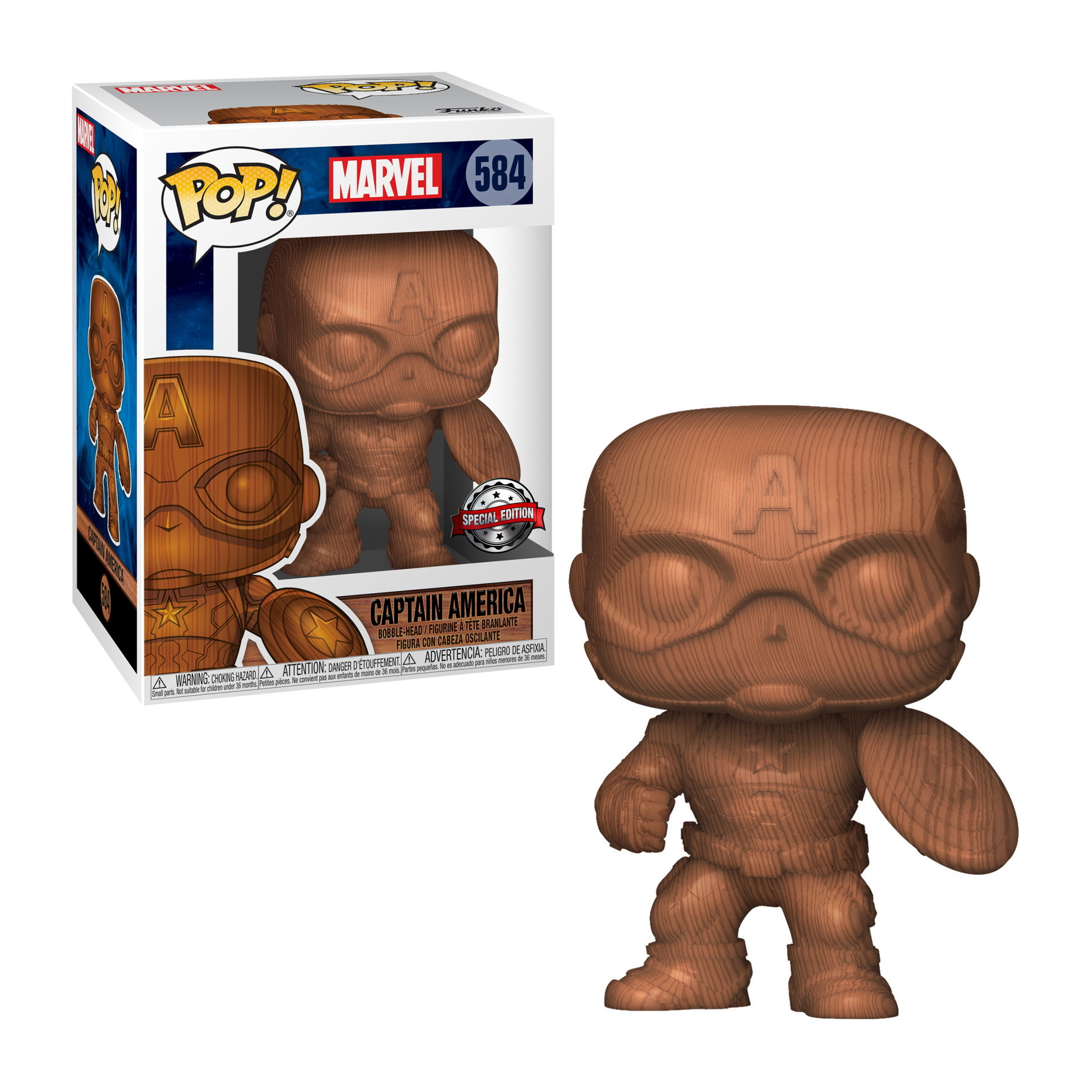 Hölzerne Captain America Funko Pop Figur. Braune Farbe, mit einer Box. Special Edition Aufkleber sichtbar.