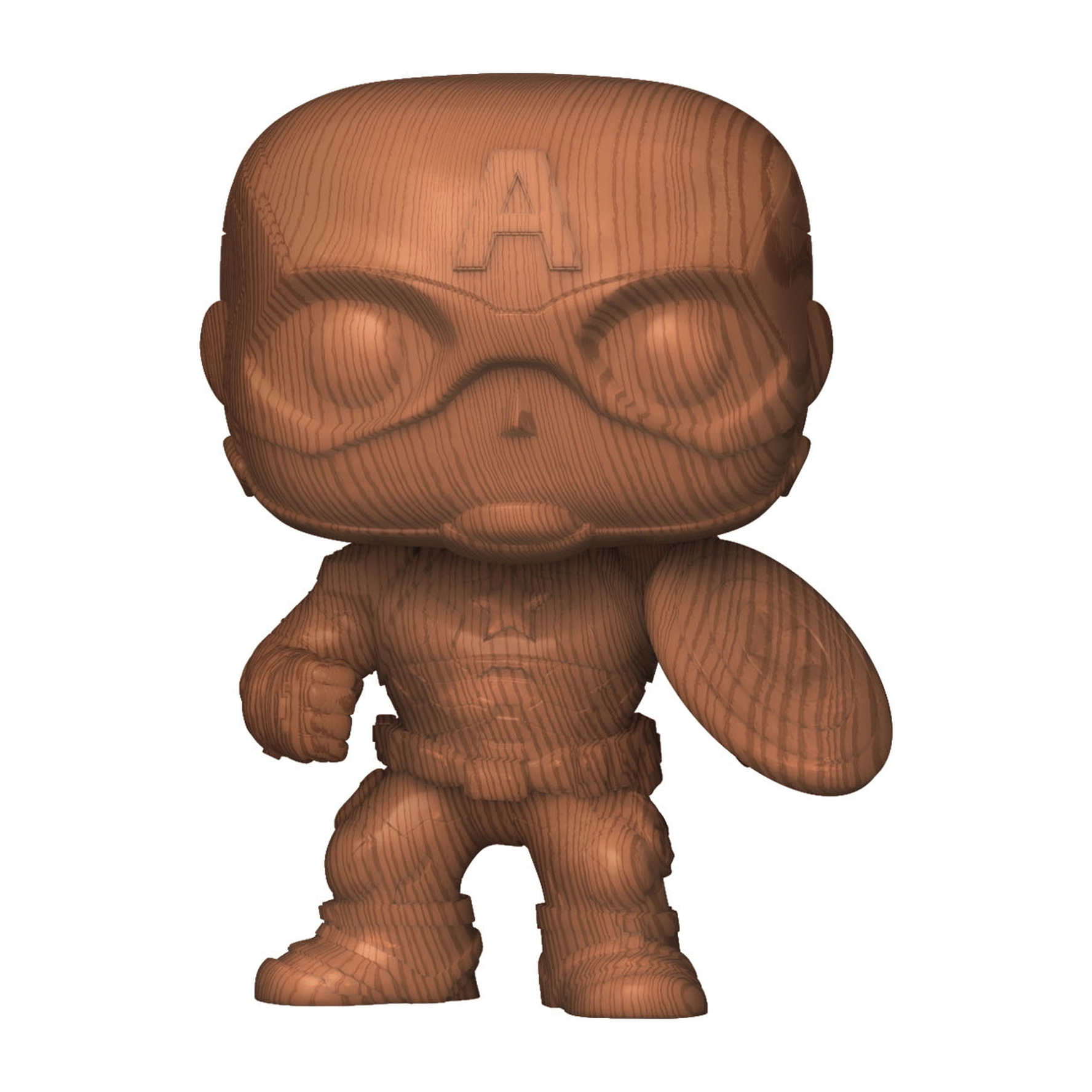 Eine Captain America Funko Pop-Figur aus Holz, mit Holzmaserung, Schild und klassischer Pose.