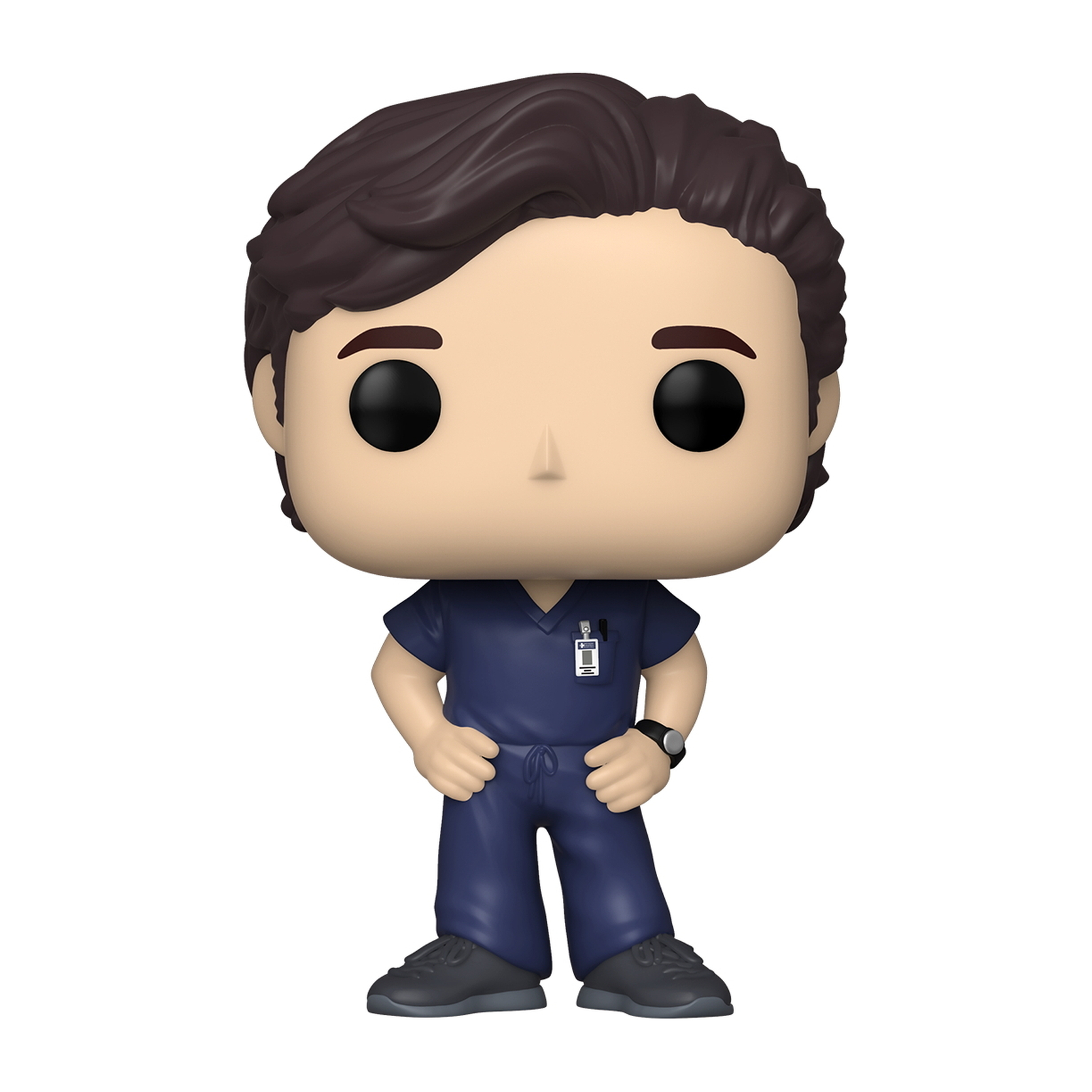Funko Pop Figur eines Mannes in blauen OP-Kitteln mit kurzen braunen Haaren und schwarzer Uhr.