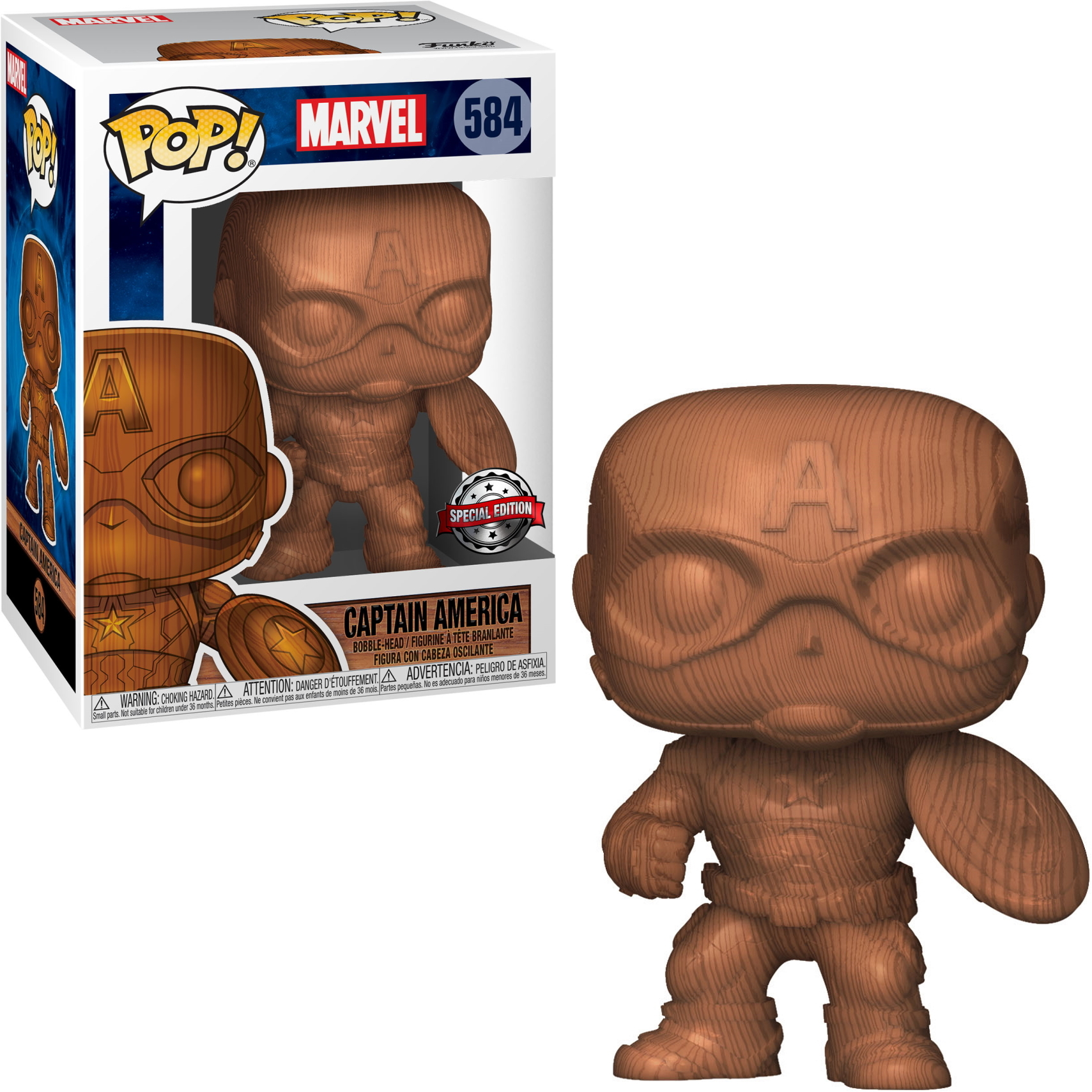Captain America Funko Pop Figur mit Holzstruktur in und außerhalb der Box. Braune Farbe, Schild und Maske.