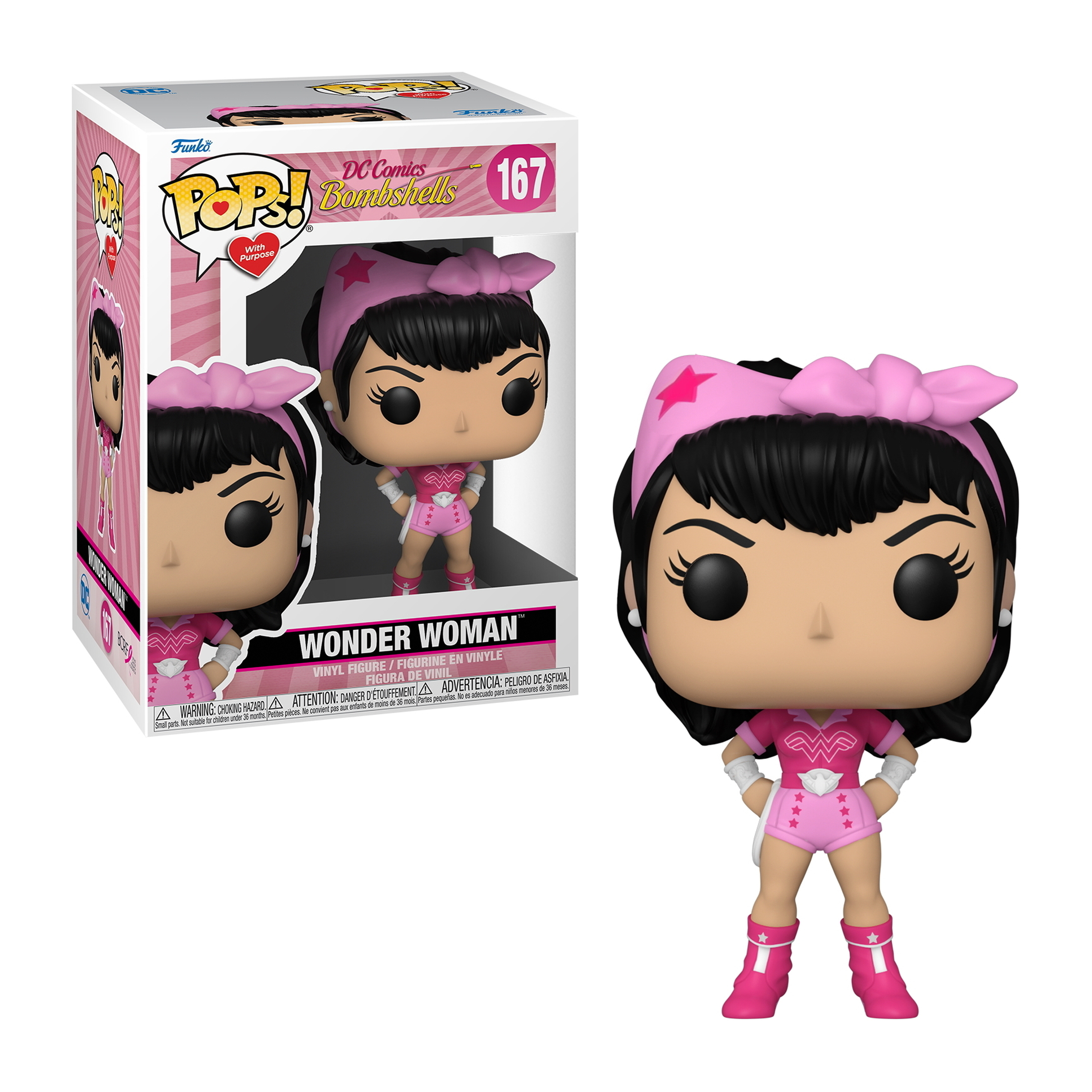 Wonder Woman Funko Pop Figur in einer Box. Rosa Outfit, mit Stern-Akzenten.