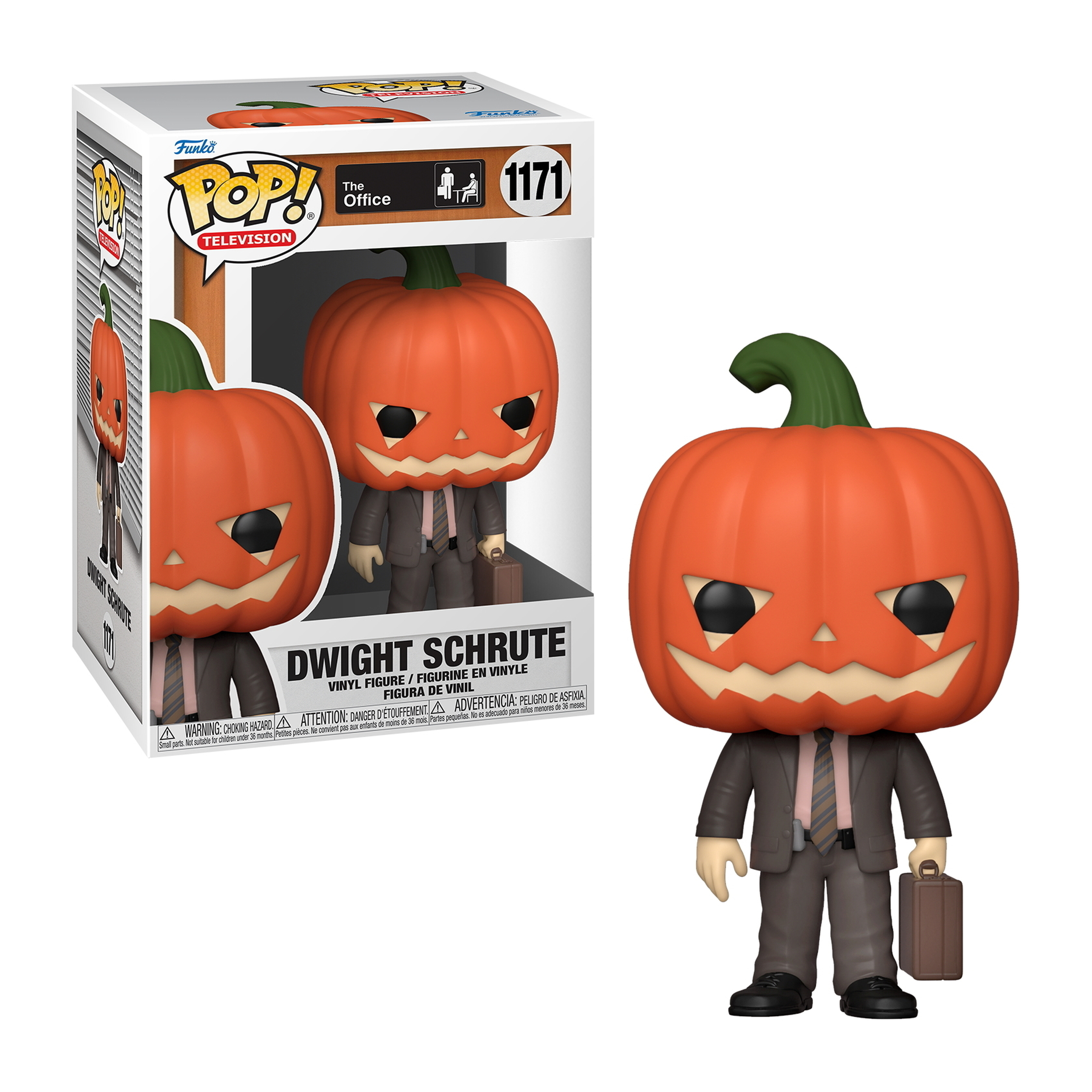 Dwight Schrute Funko POP Figur mit einem orangefarbenen Kürbiskopf und einem Anzug. Er hält eine Aktentasche.