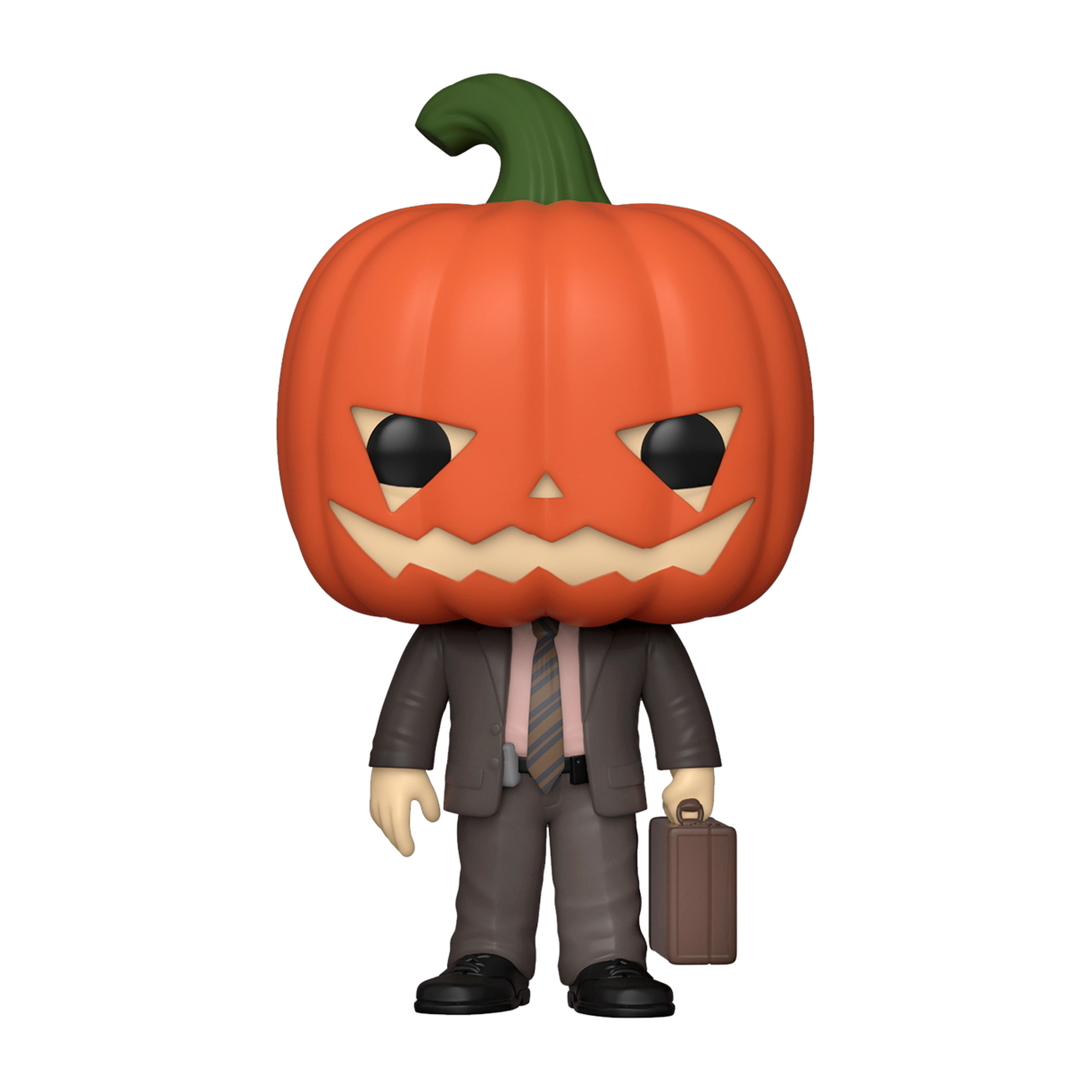 Eine Funko Pop-Figur eines kürbisköpfigen Mannes in einem Anzug, der einen Aktenkoffer hält.