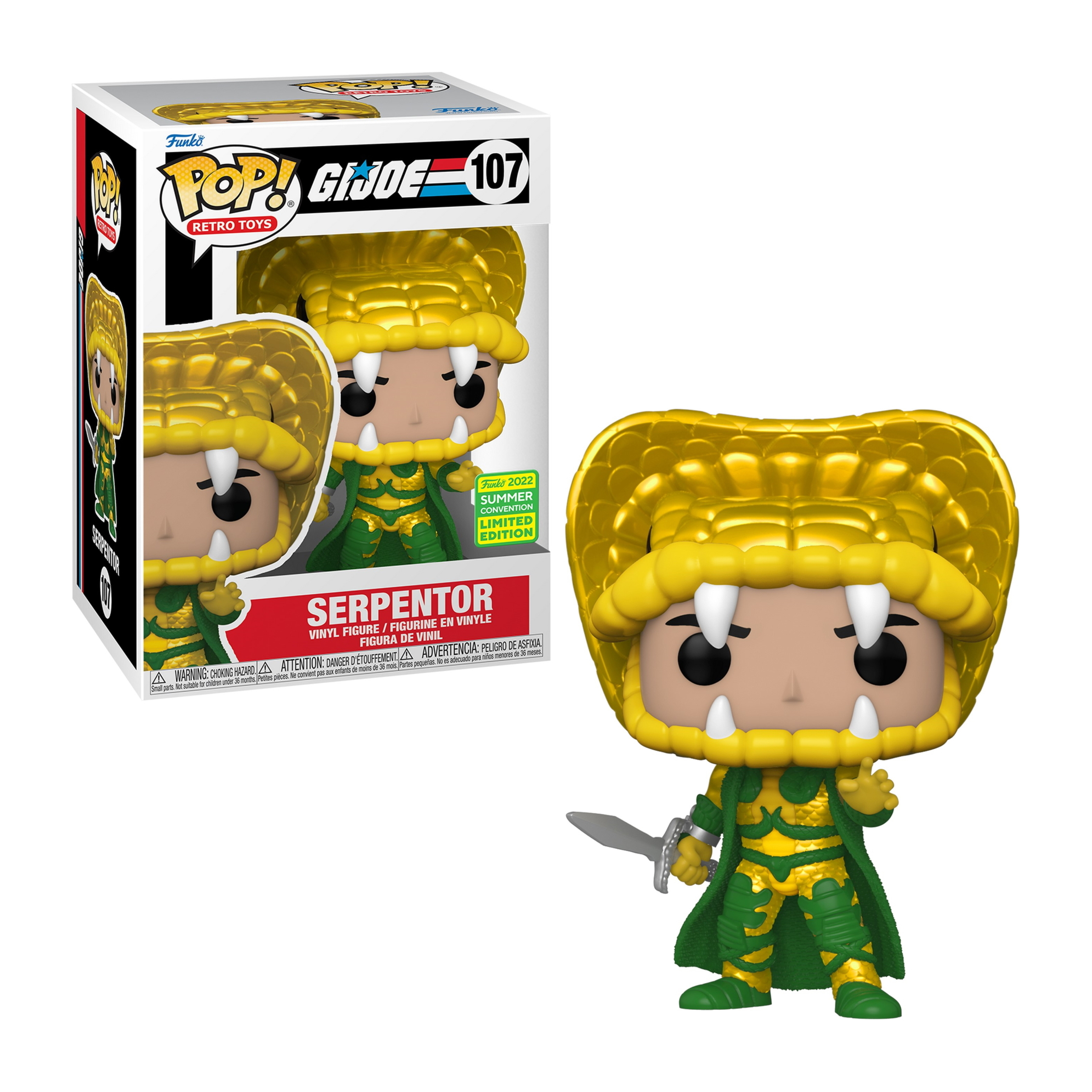 Serpentor-Figur mit schlangenartigem Kopf, grüne Kleidung, hält ein Schwert, neben einer Box.