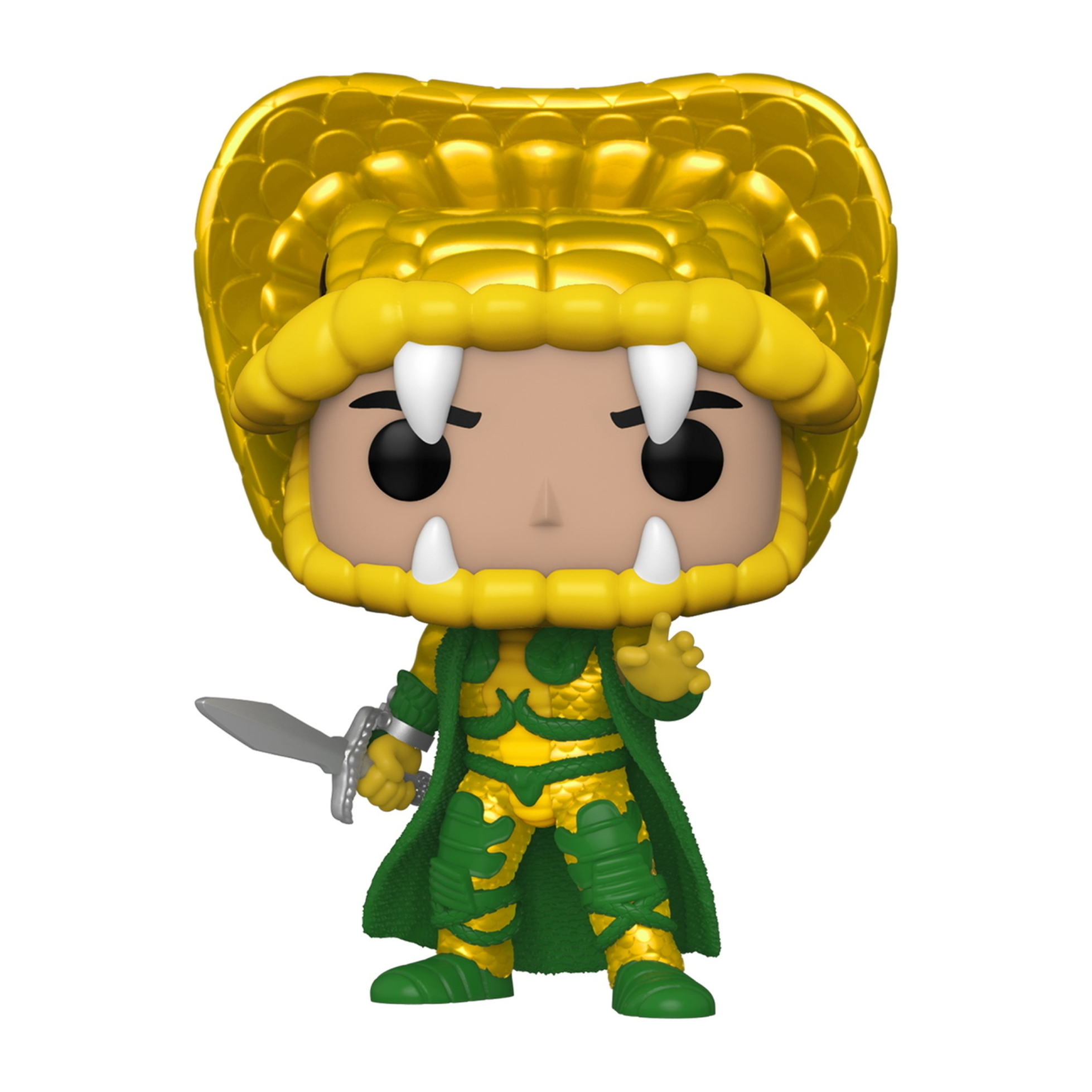 Funko Pop Figur eines Mannes in einer goldenen Kobrahaube mit Schwert. Grün-goldenes Outfit.