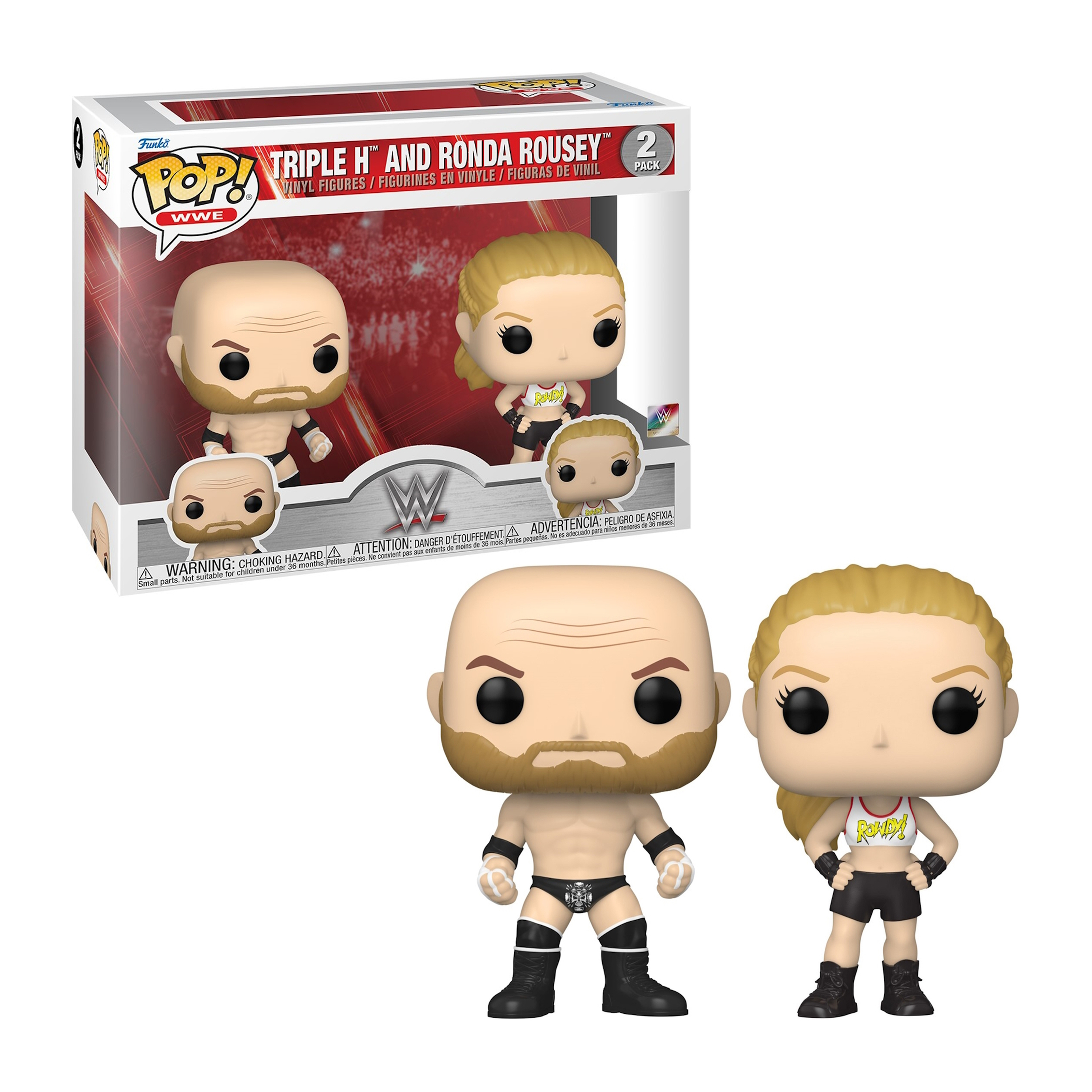 Funko POP! Figuren von Triple H und Ronda Rousey, in einer Box und separat.