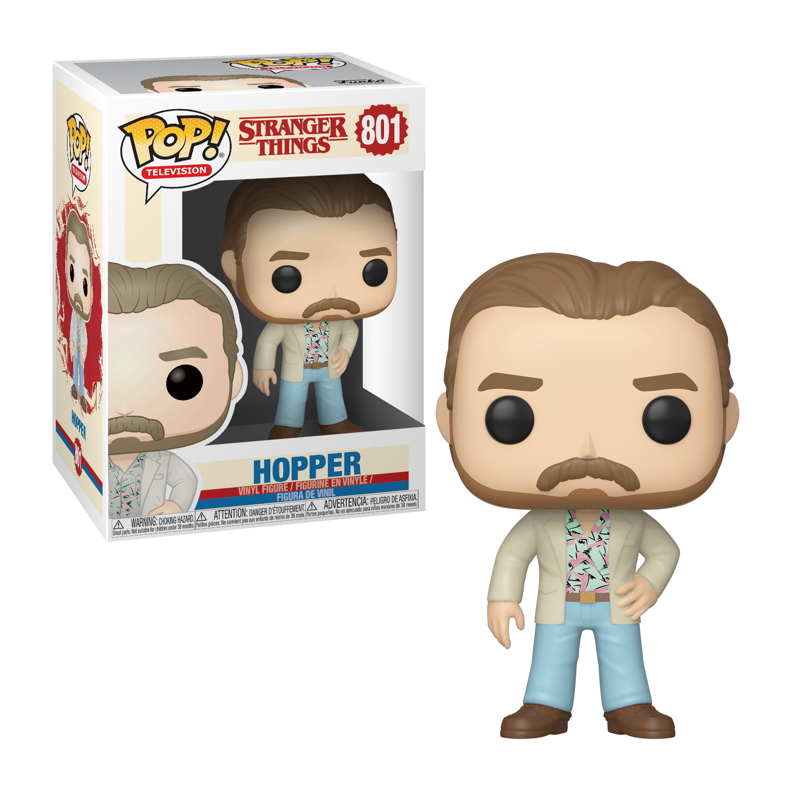 Hopper Funko Pop Figur und Box. Figur hat einen Schnurrbart, trägt eine leichte Jacke. Box sagt 'Stranger Things'.