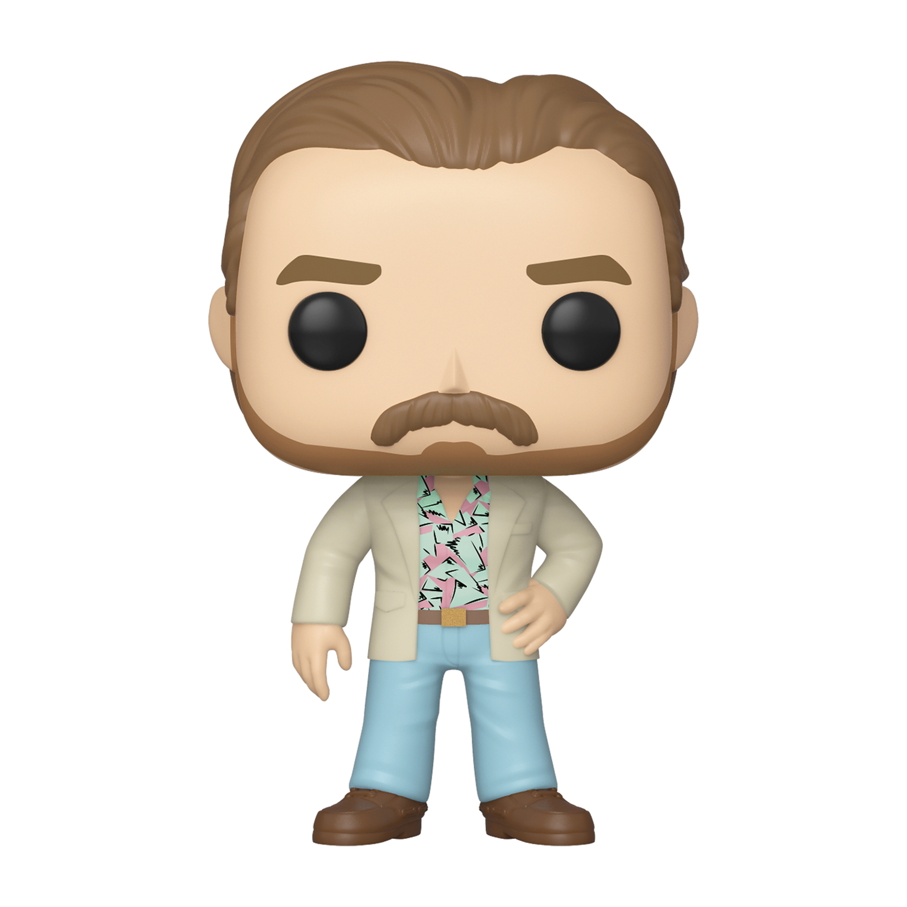Funko Pop Figur eines Mannes mit Bart und Schnurrbart, der eine helle Jacke und ein gemustertes Hemd trägt.