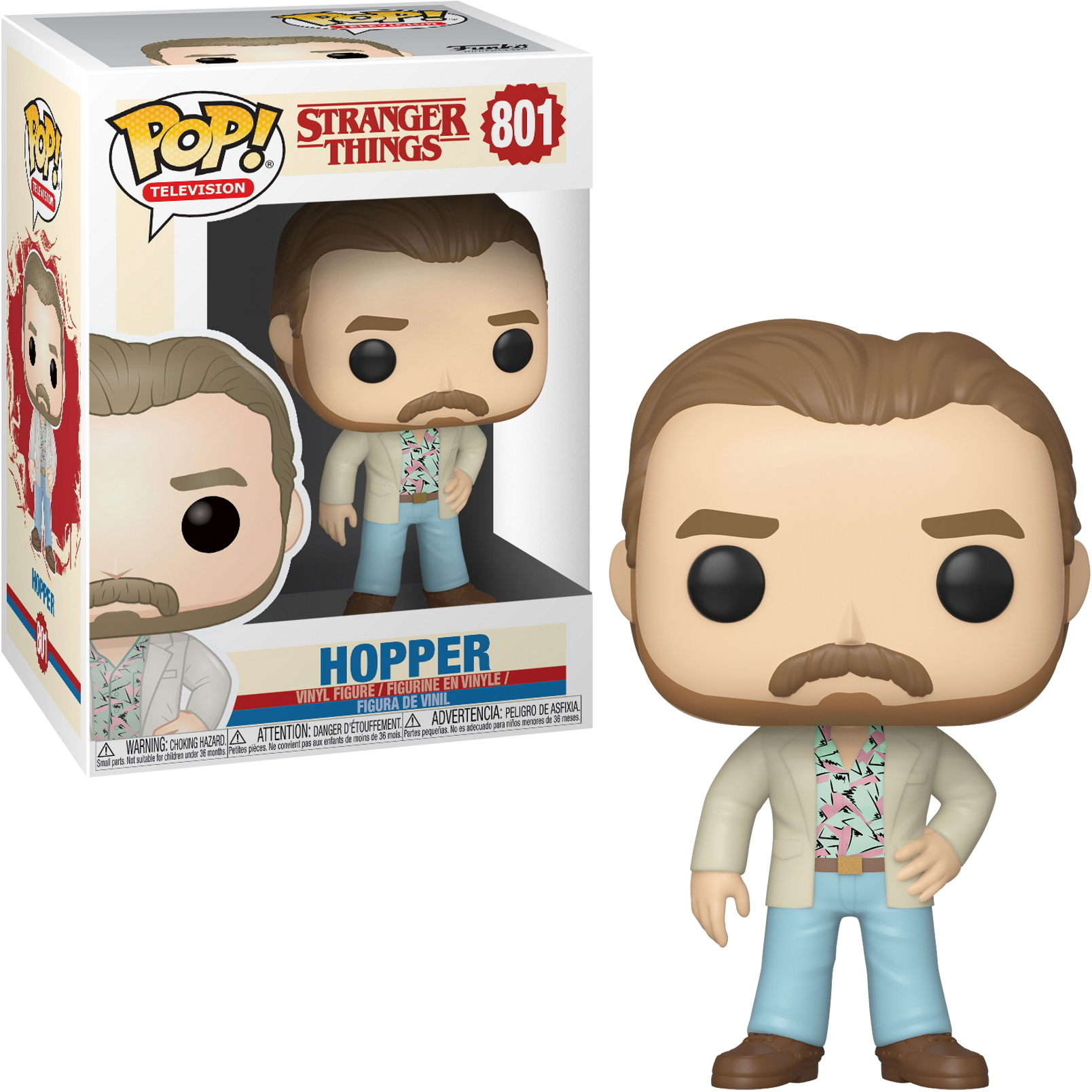 Hopper Funko Pop Figur in beiger Jacke, gemustertem Hemd und blauer Hose, steht mit einer Box. Figur hat einen Schnurrbart.