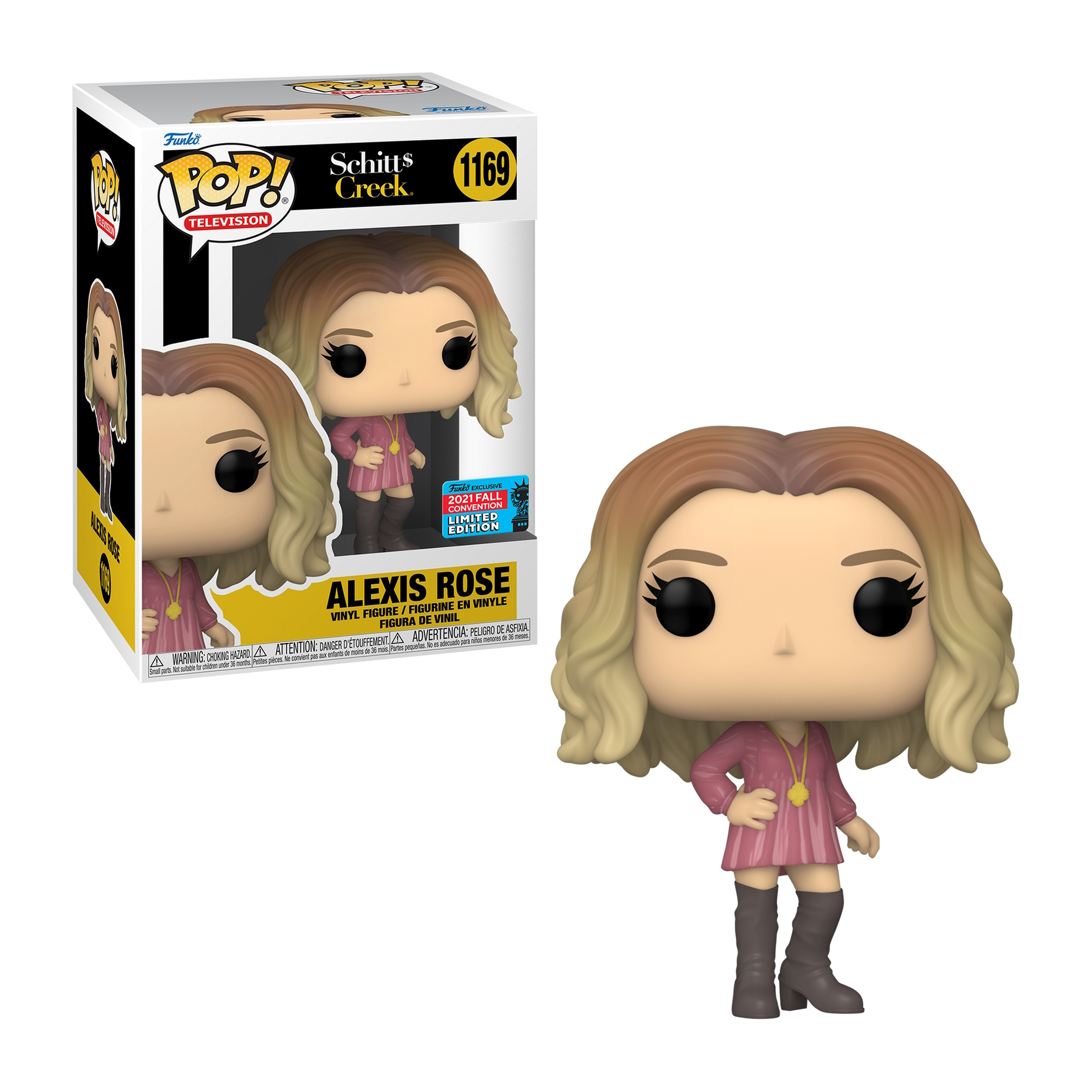 Alexis Rose Funko Pop Figur. Eine Figur von Alexis Rose aus Schitt's Creek in rosa Kleid und Stiefeln.