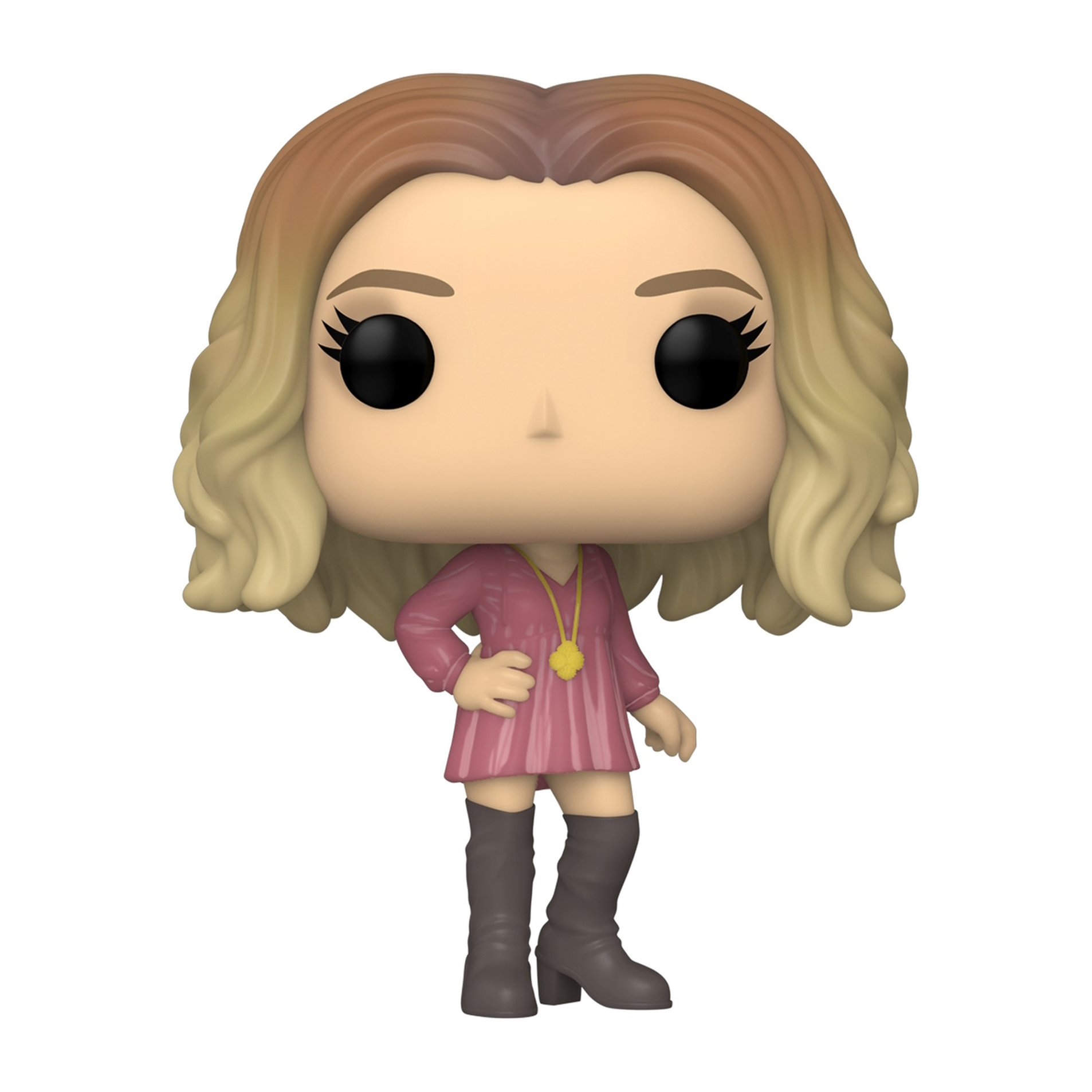 Eine Funko Pop Figur einer Frau mit blonden Haaren, die ein rosa Kleid und Stiefel trägt.