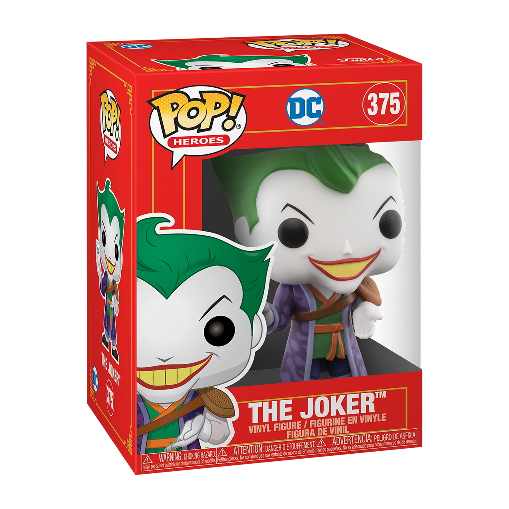 Joker-Figur in einer Box. Grünes Haar, weißes Gesicht, violetter Mantel und ein breites Grinsen.