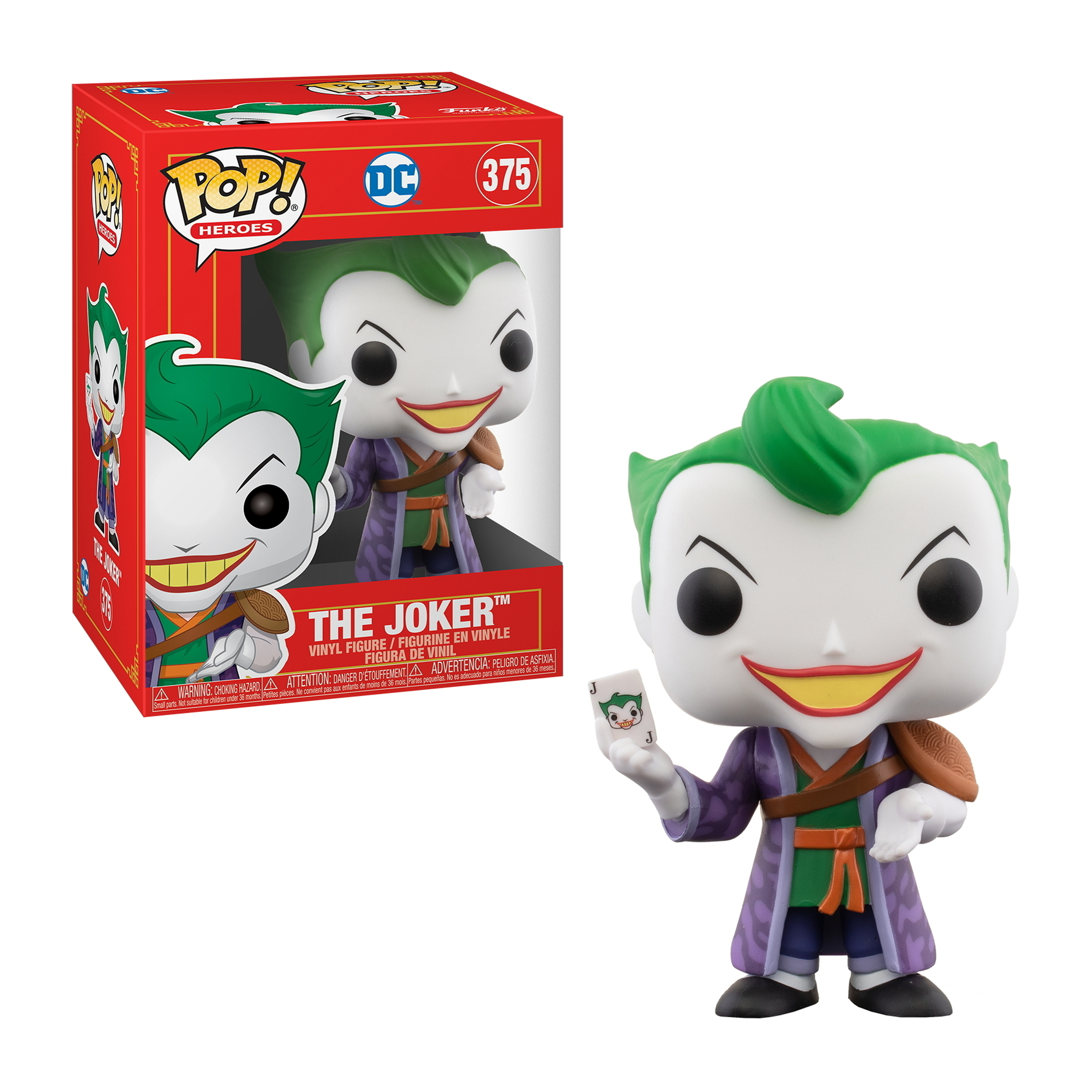 Funko Pop Figur von The Joker. Box und Figur sichtbar, hält Karte.