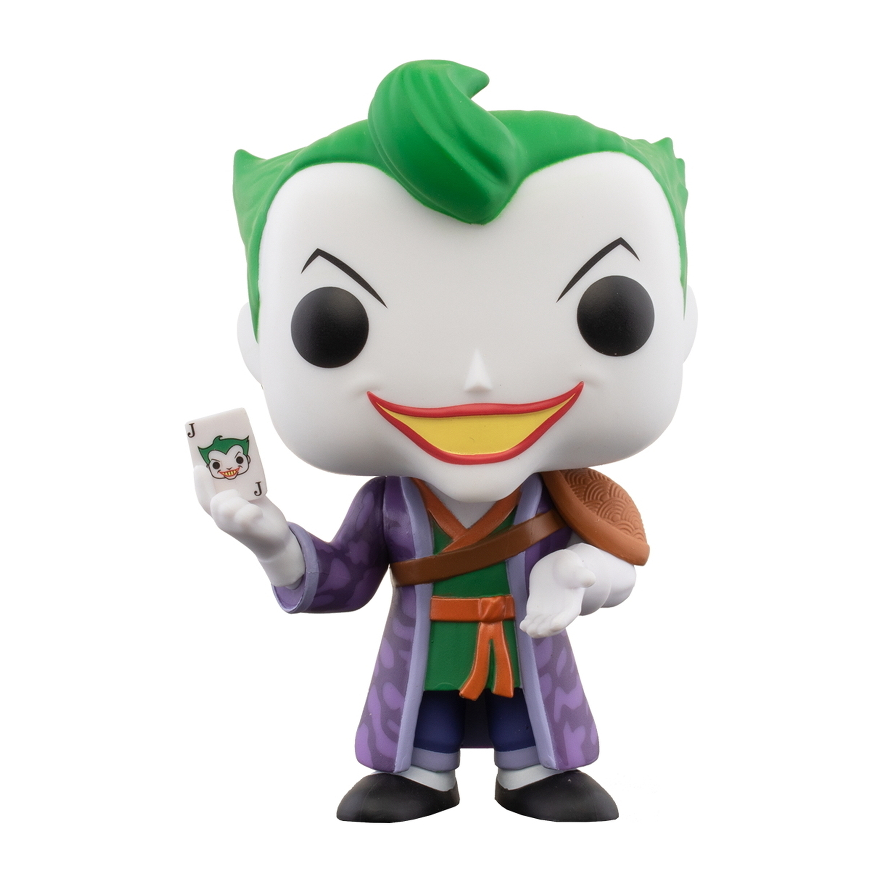 Joker Funko Pop Figur, die eine Spielkarte hält und ein lila Outfit trägt.
