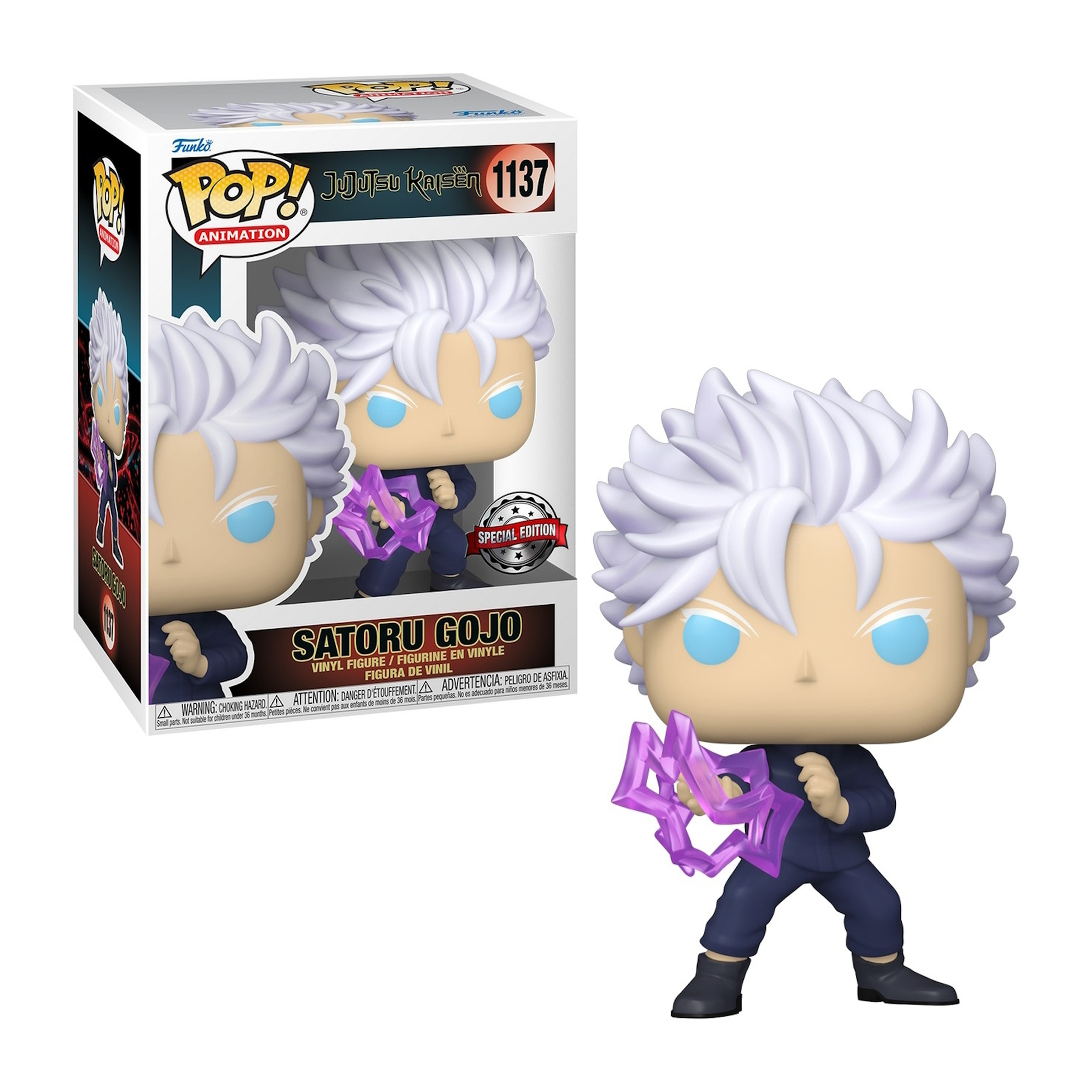 Figurka Funko Pop Satoru Gojo z białymi włosami, niebieskimi oczami i trzymającą fioletowy przedmiot, z pudełkiem w tle.