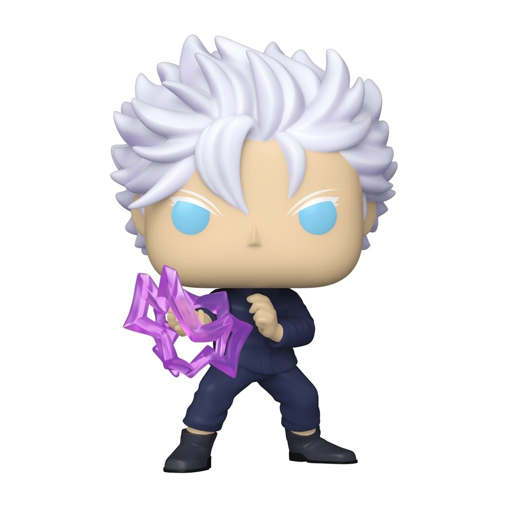 Białowłosa figurka anime, Satoru Gojo. Nosi ciemny garnitur, trzyma fioletowy przedmiot. Białe włosy, niebieskie oczy.