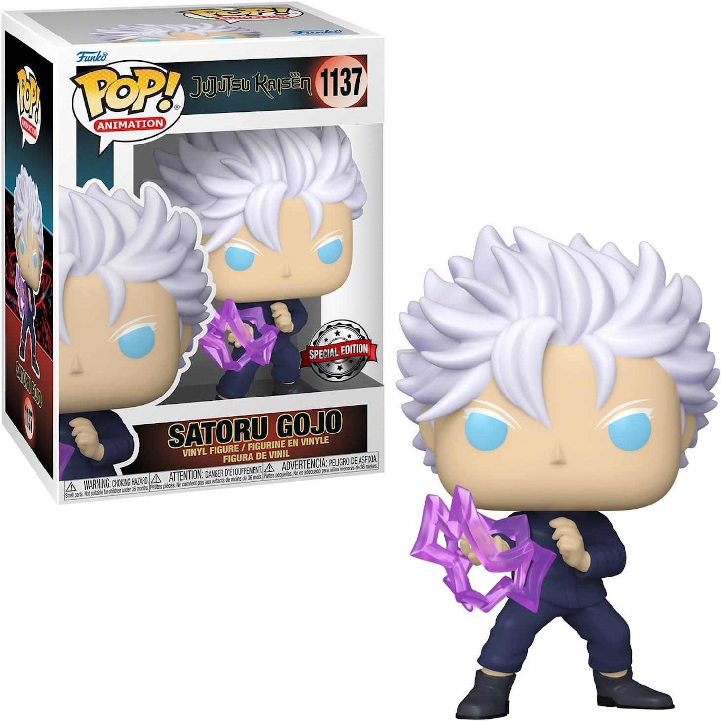 Figurka Funko Pop Satoru Gojo i pudełko. Białe włosy, niebieskie oczy, trzyma fioletowy przedmiot.