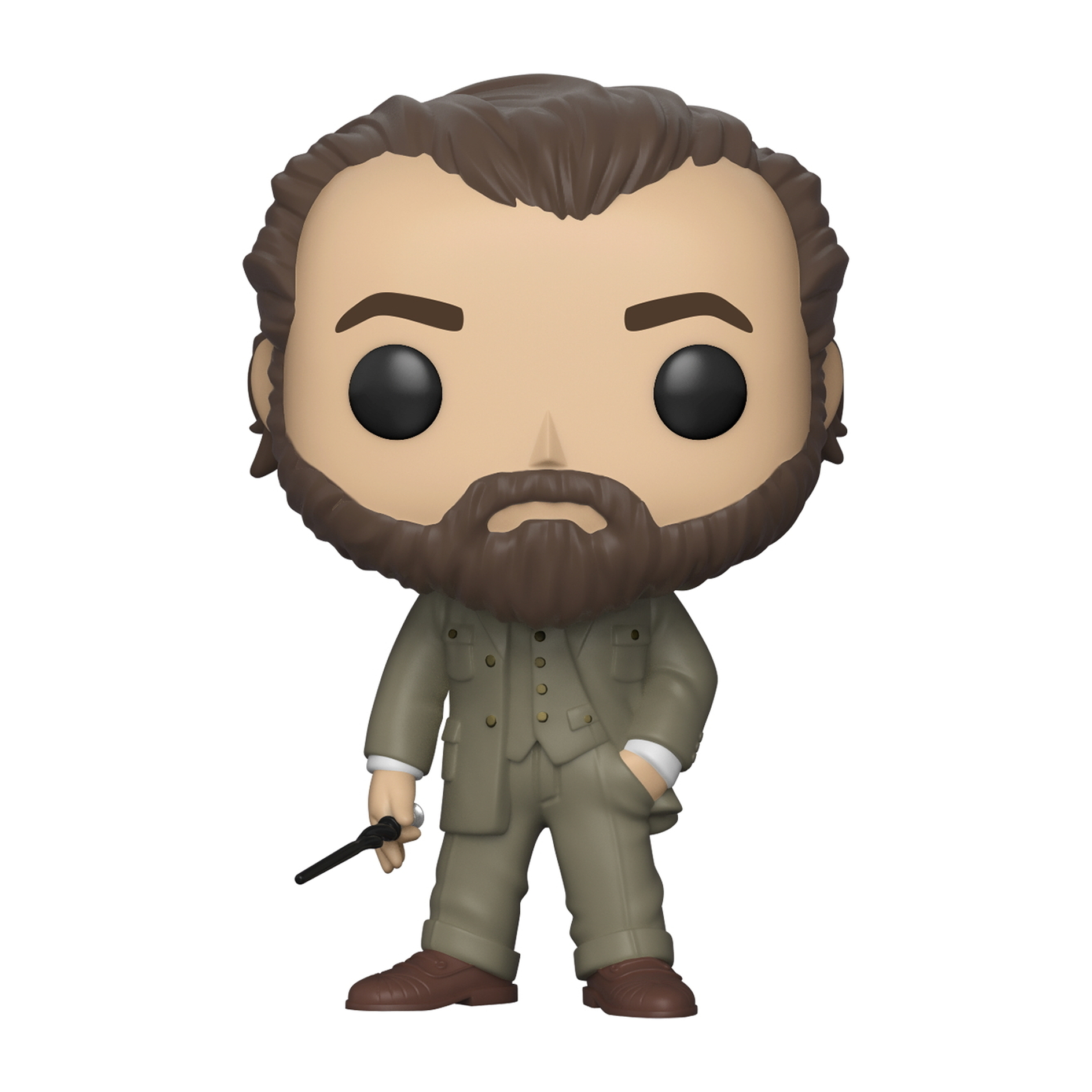 Una figura Funko Pop di un uomo con la barba, in giacca e cravatta, che tiene una bacchetta.