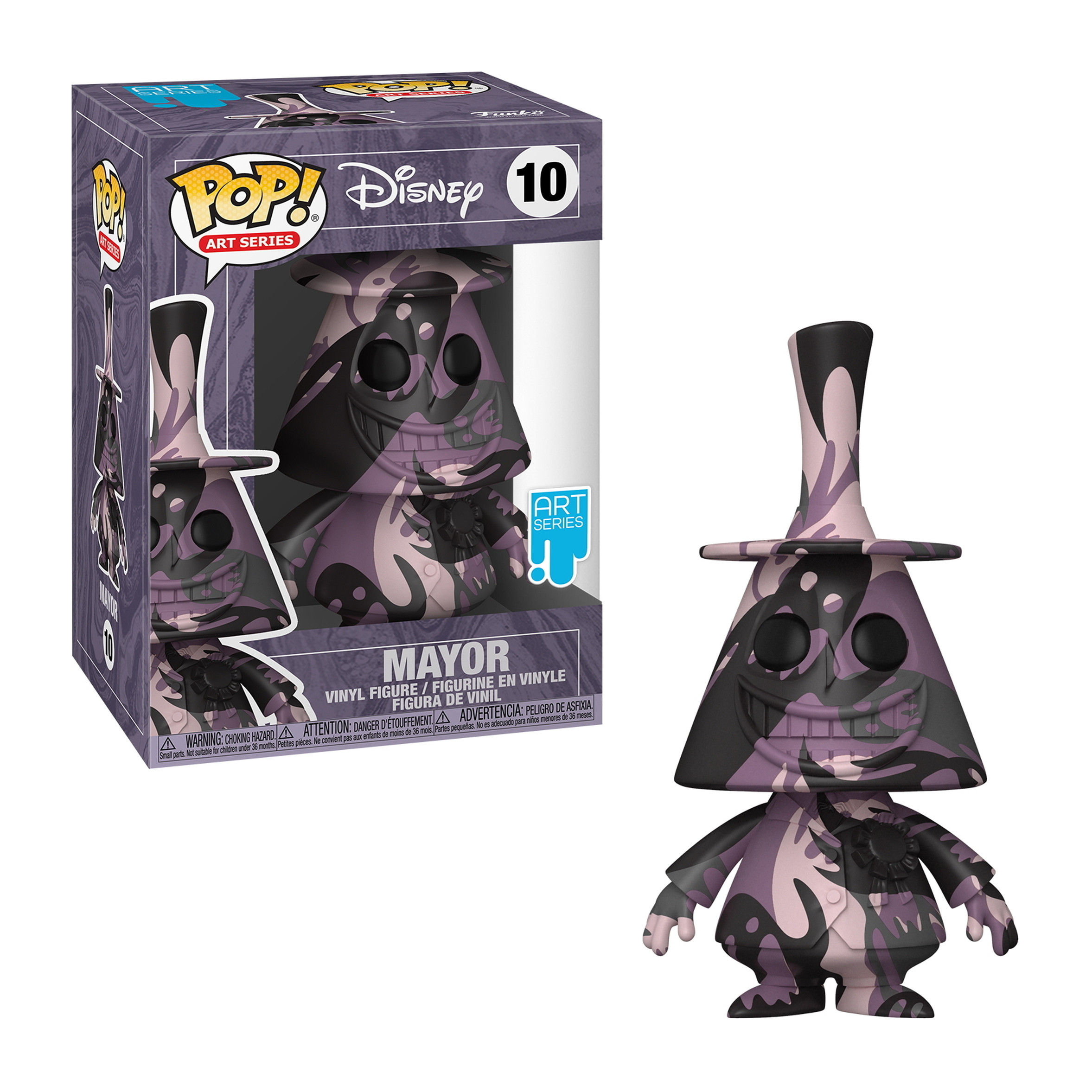 Figura y caja Funko Pop de Mayor. Figura con estampado negro y morado, sonriendo.