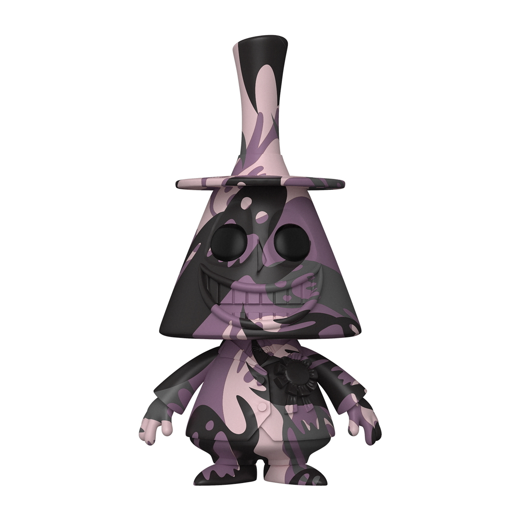Figura Funko Pop de un personaje triangular con sombrero y traje, en camuflaje rosa y negro.