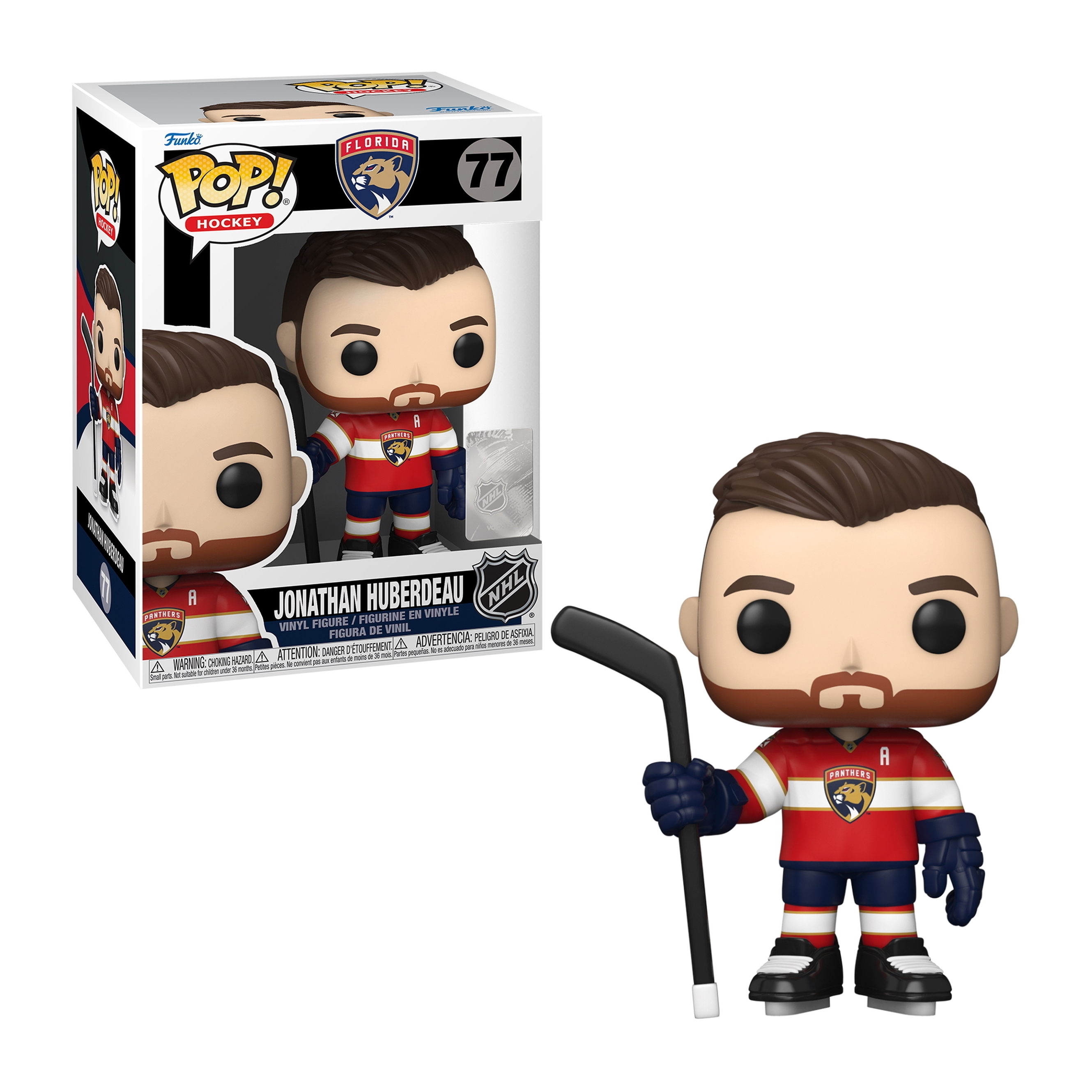 Jonathan Huberdeau Hockeyfigur mit Box. Hockeyspieler in rot-blauem Trikot. Hält einen Hockeyschläger.