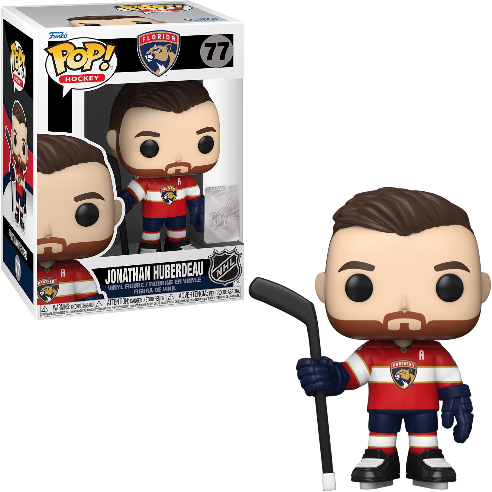Jonathan Huberdeau Hockey-Figur mit Hockeyschläger. Verpackt mit Florida Panthers Branding.