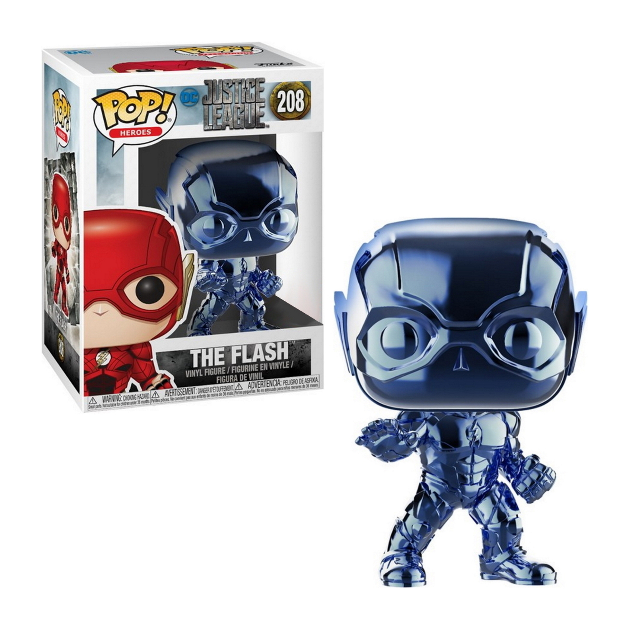 The Flash Funko Pop Figur mit Box. Die Figur ist transluzent blau, mit einer rot-weißen Box.