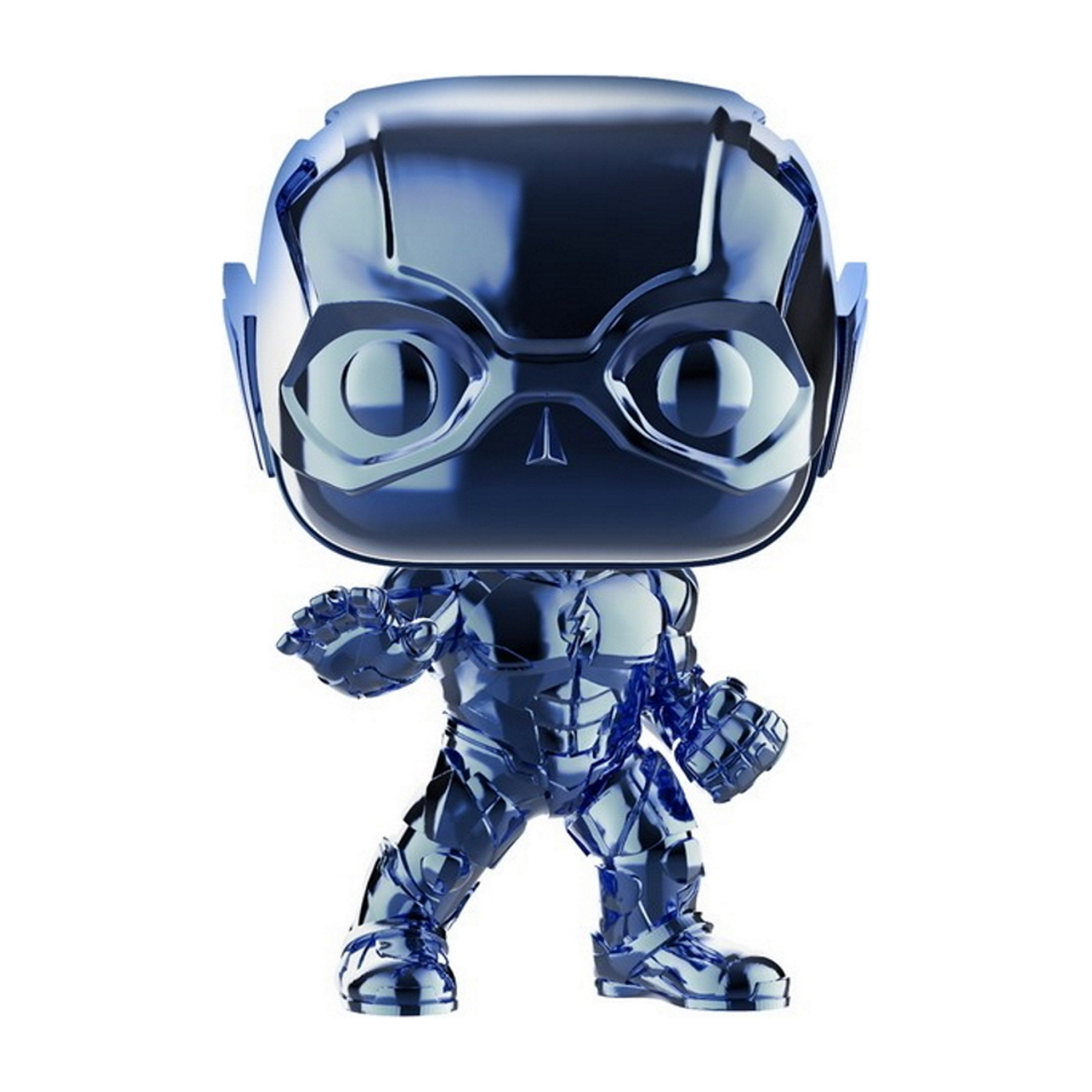 Blaue Chrom-Flash-Figur, mit erhobenen Händen auf weißem Hintergrund.