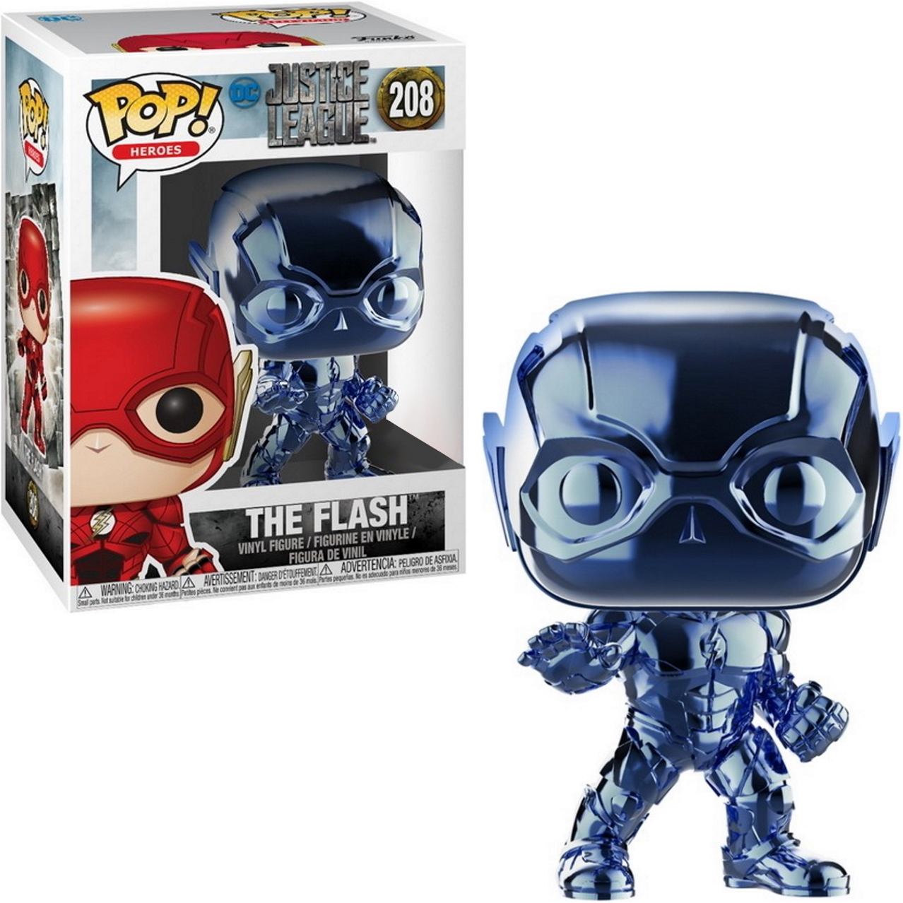 Eine durchscheinende blaue Funko Pop! Figur von The Flash in dynamischer Pose.