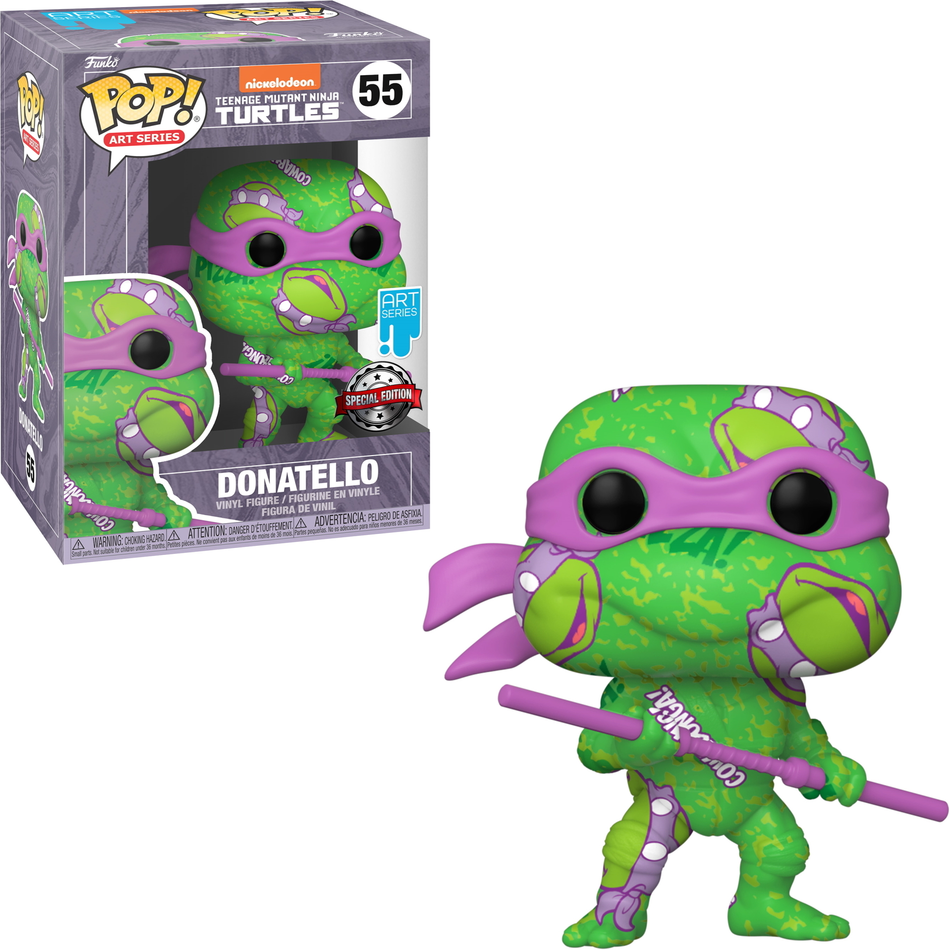 Donatello Art Series Funko Pop. Grüne Figur mit lila Maske und Stab. Die Box ist im Bild enthalten.