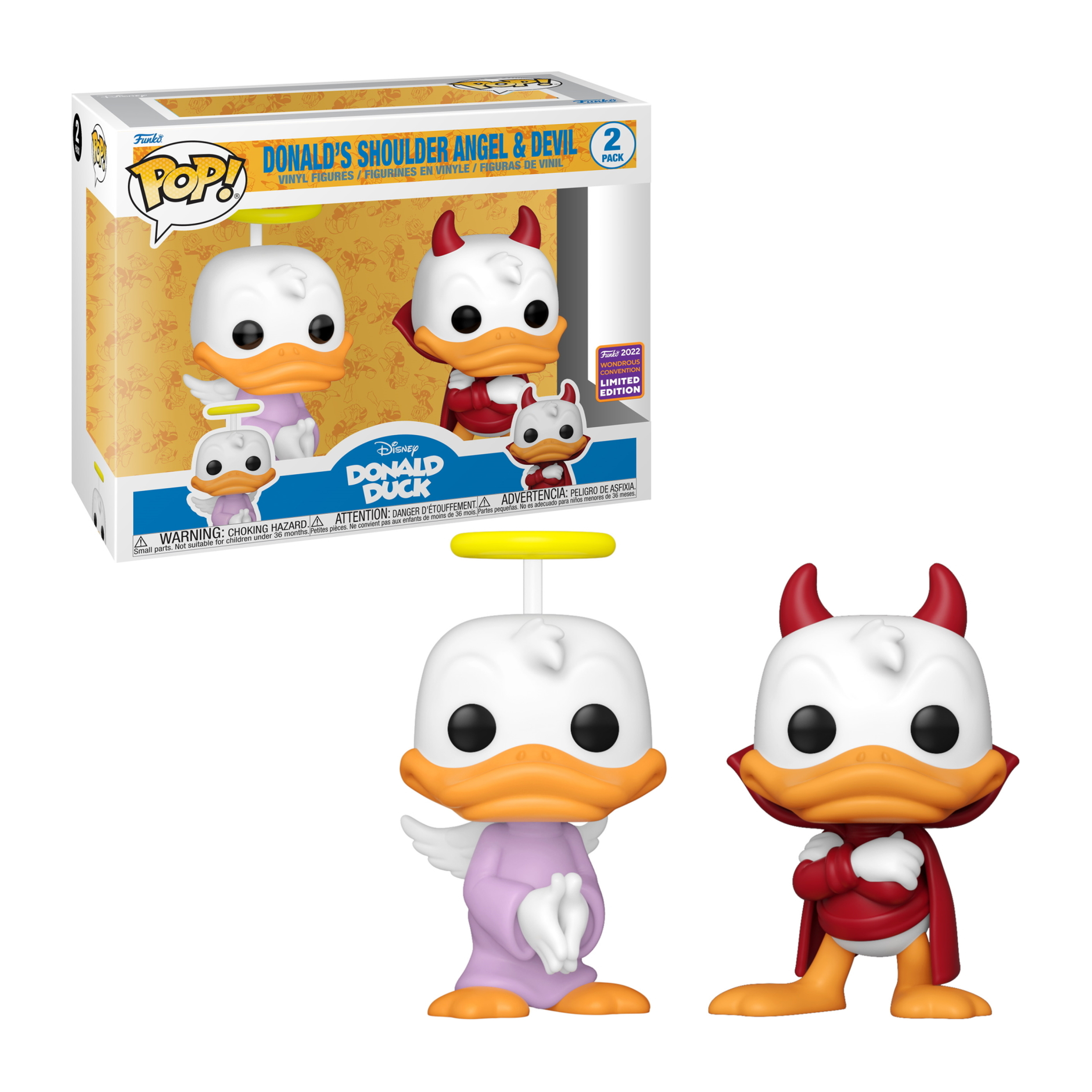 Donald Duck Figuren. Einer als Engel und der andere als Teufel. Box-Set.