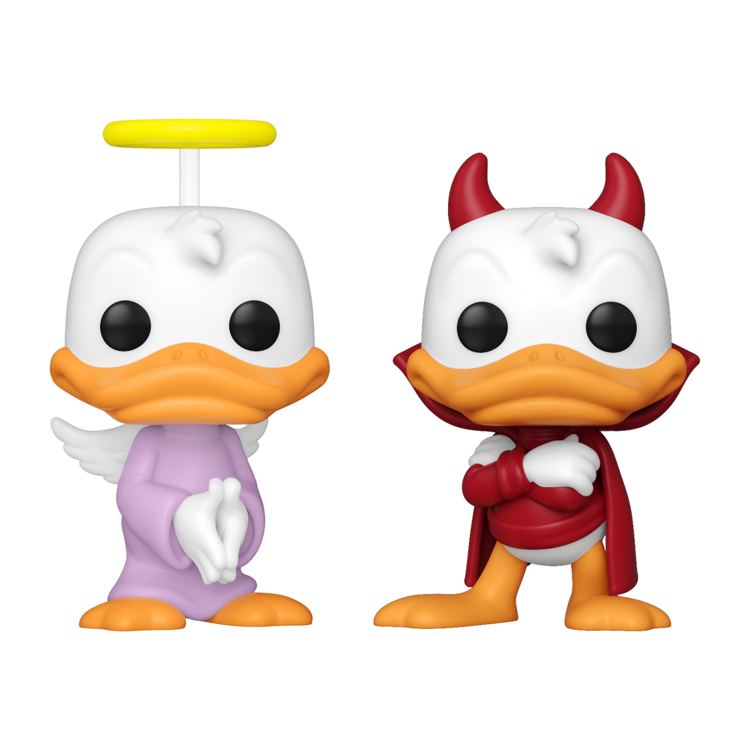 Zwei Donald Duck Figuren: ein Engel, ein Teufel, beide im Funko Pop Stil.