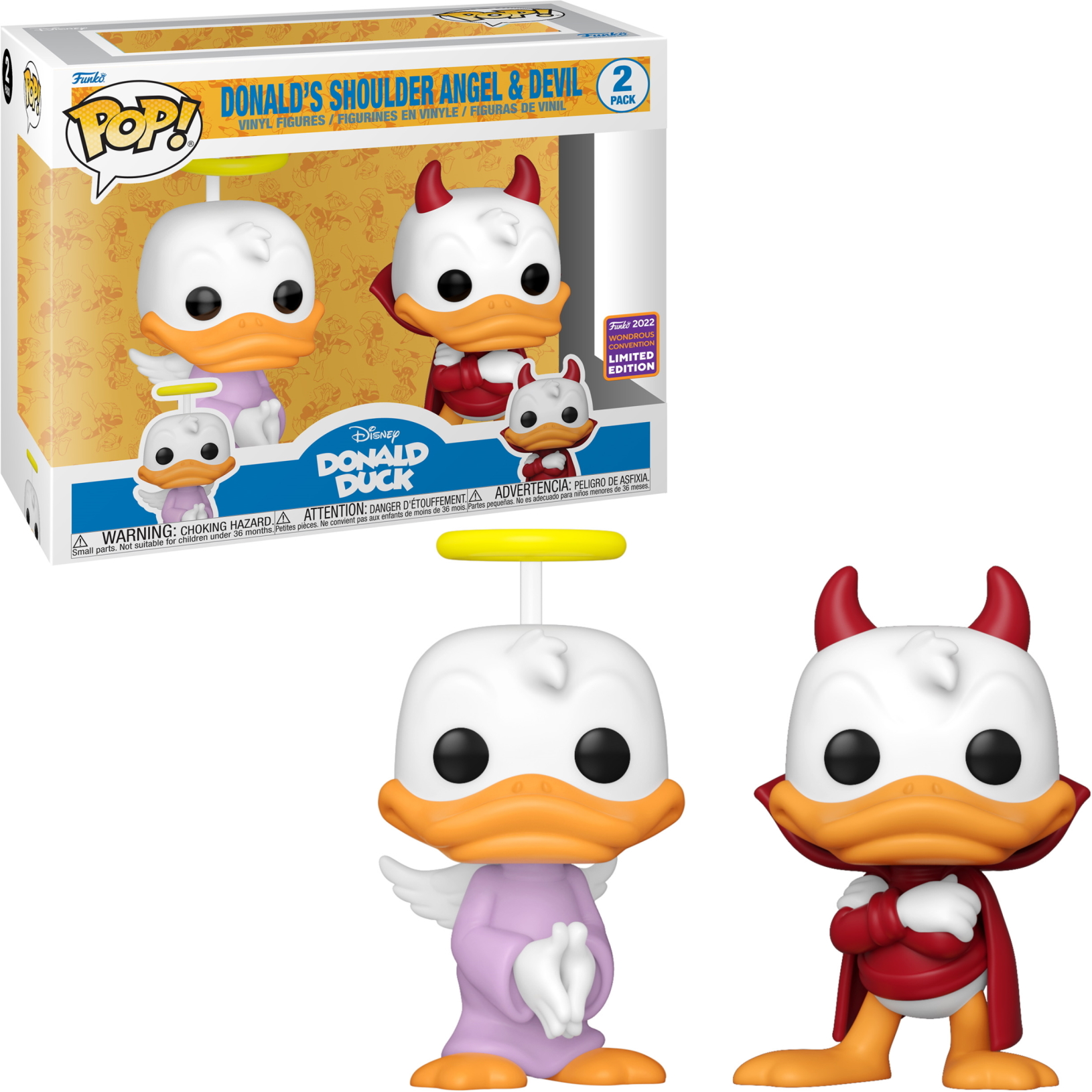 Donald Duck Figuren: Engel mit Heiligenschein und Teufel mit Hörnern. Box zeigt beide Figuren.
