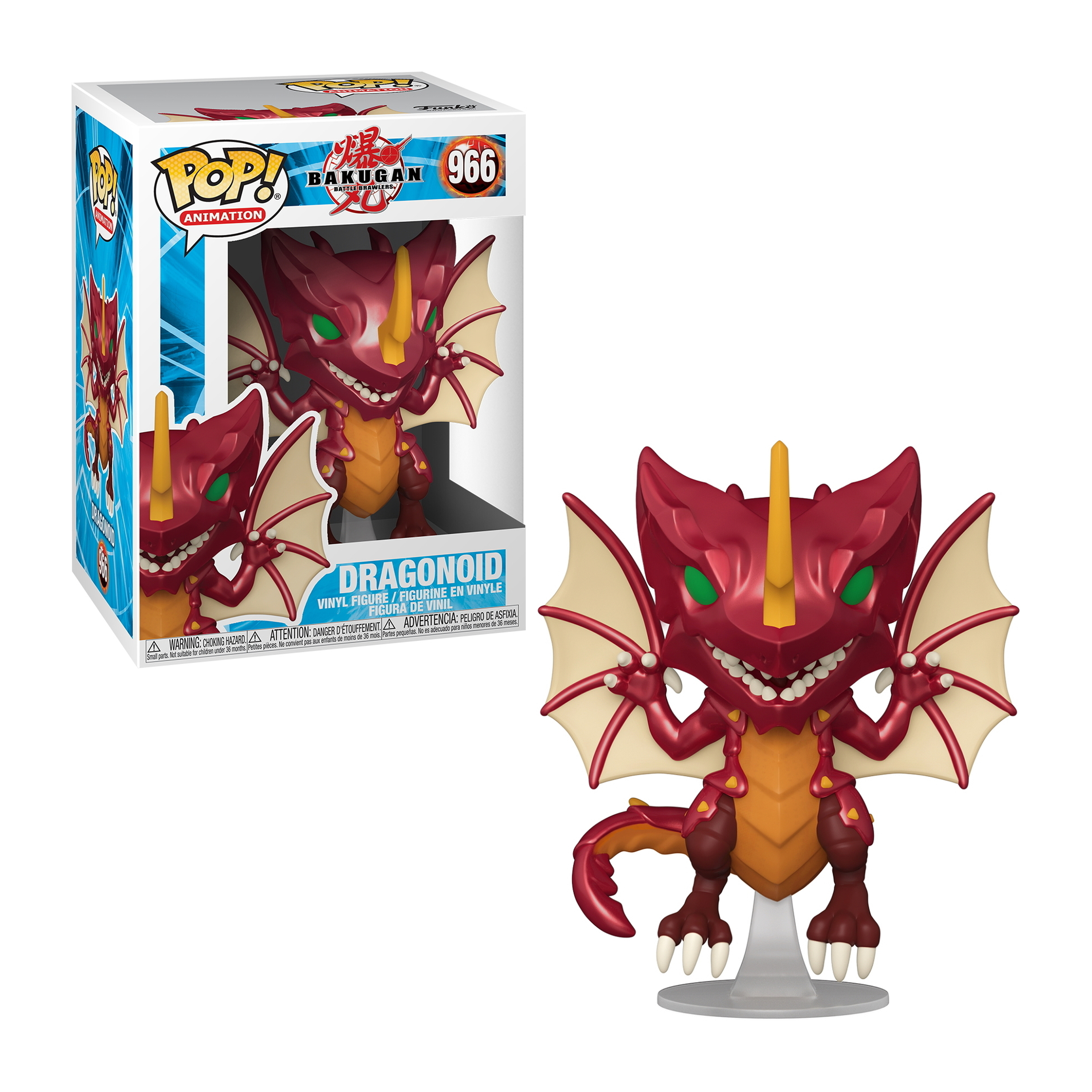 Rote Drachenfigur mit weißen Flügeln und einem gelben Horn. Produktbox links. Weißer Hintergrund.