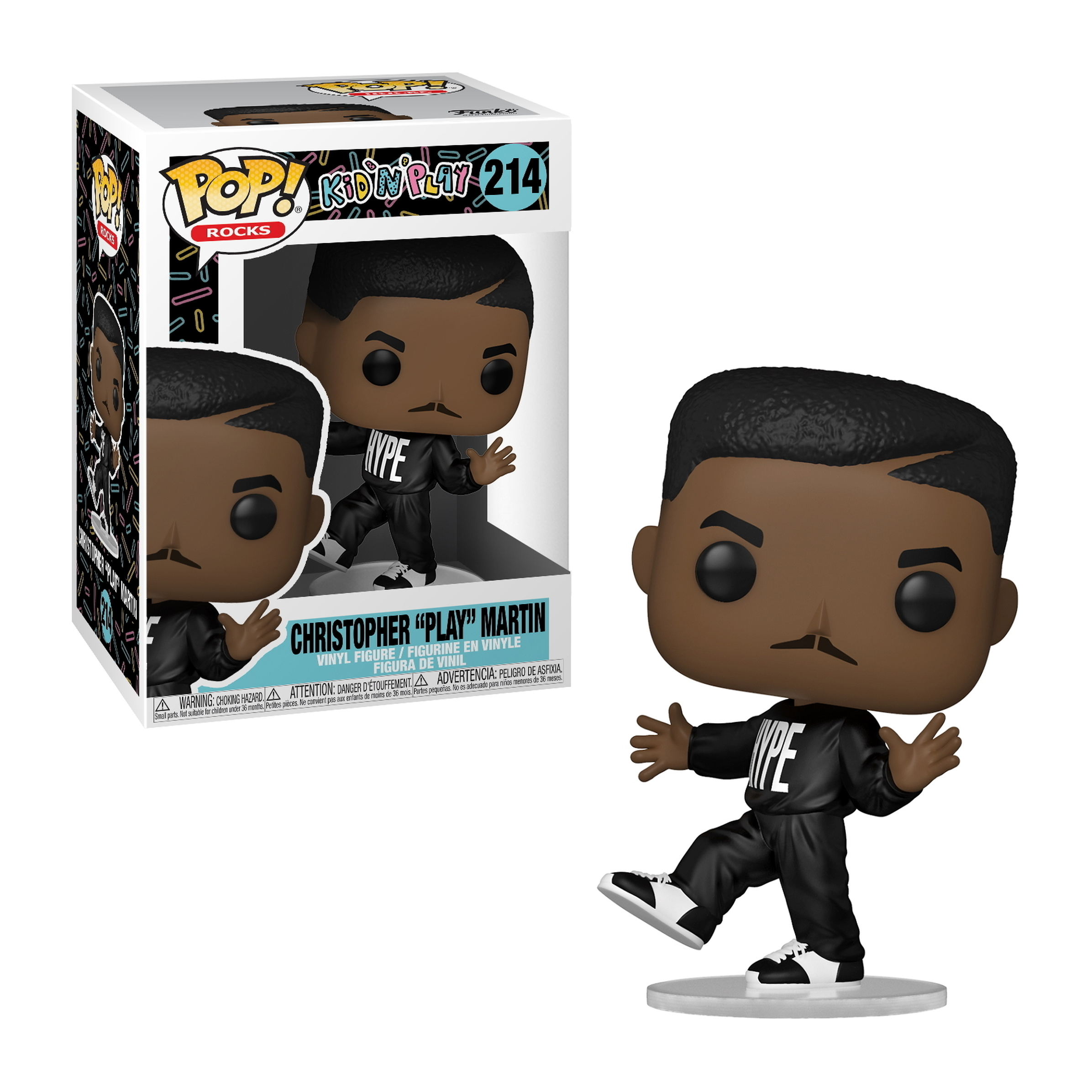 Eine Kid 'n Play Funko Pop Figur. Die Figur ist schwarz, trägt einen schwarzen Overall und posiert tanzend.