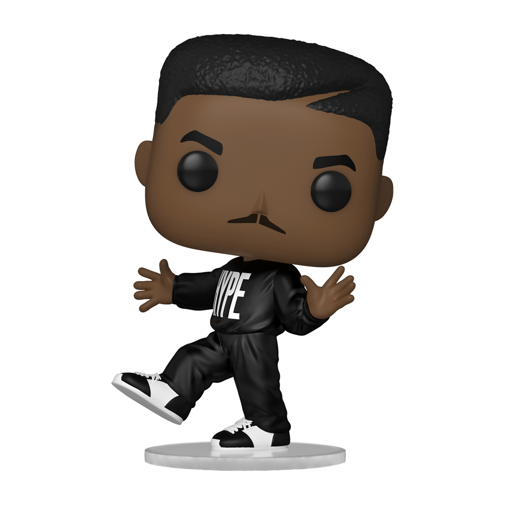 Funko Pop Figur eines schwarzen Mannes in einem schwarzen Trainingsanzug, Arme ausgestreckt, mit Schnurrbart, auf weißer Basis.