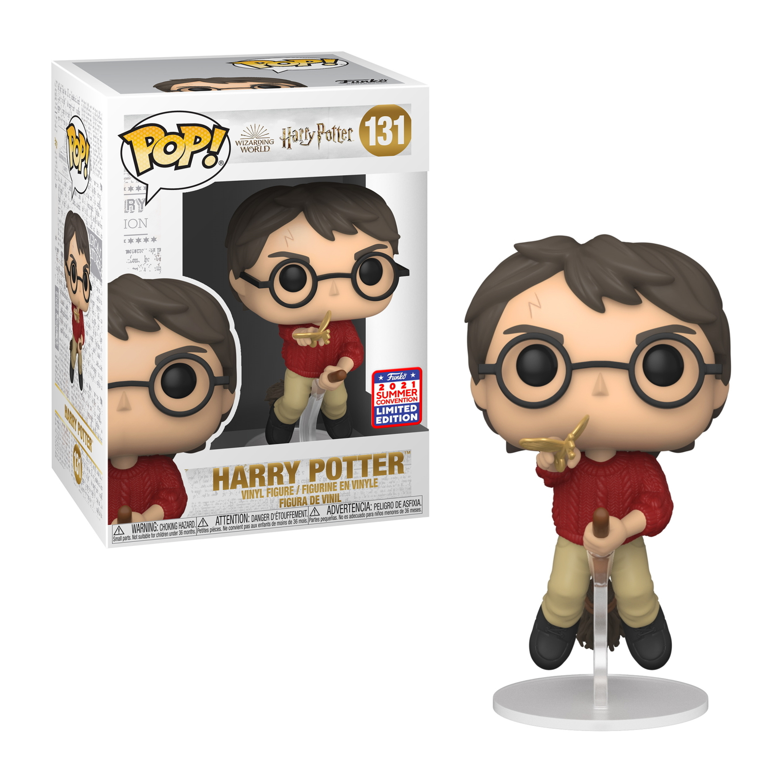 Harry Potter Figur mit Brille und Besen. Er trägt einen roten Pullover und hält einen goldenen Schnatz.