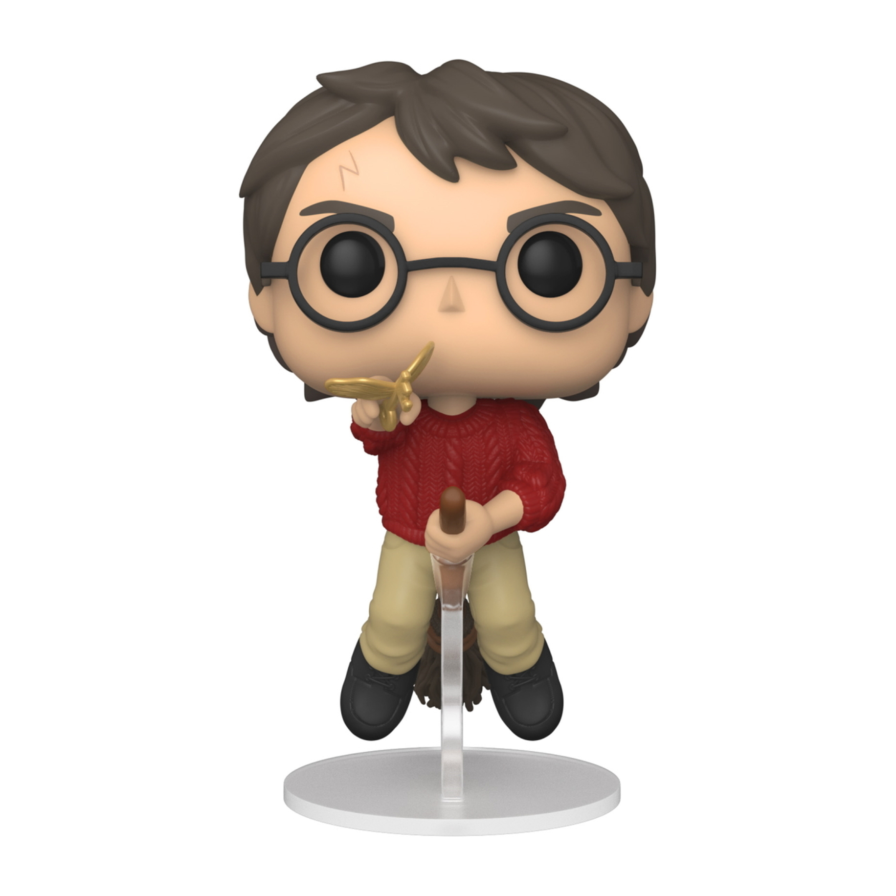 Harry Potter Funko Pop, hält einen goldenen Schnatz und einen Besen, trägt eine Brille.